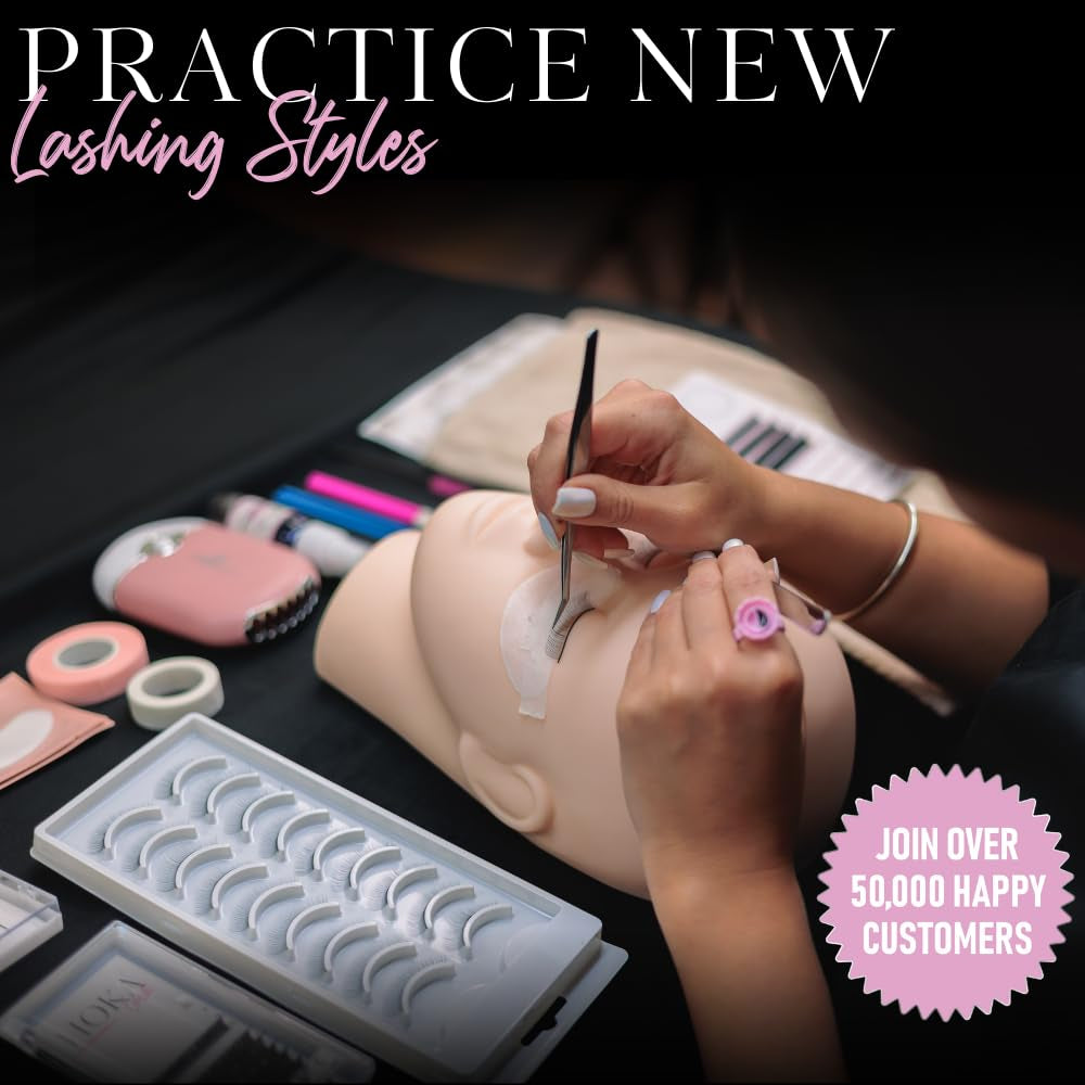 Lash Eyelash Extension Kit & Training Course and Certification, Professional Lash Extension Kit for Beginners Includes Practice Mannequin Head, Lash Trays, Glue, Tweezers, Fan & More