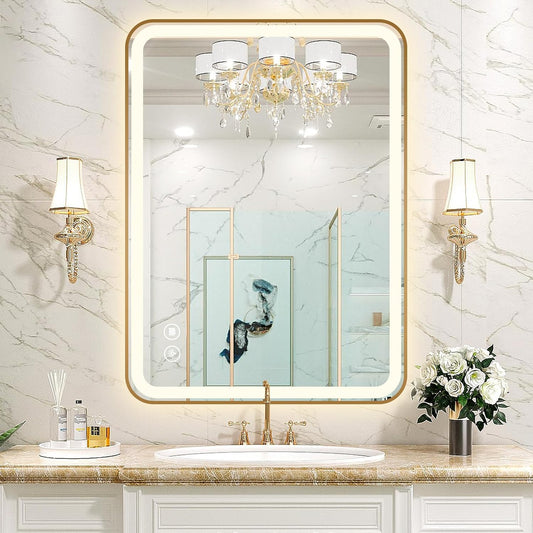 Rectangle LED Bathroom Mirror, 30"X22" Anti-Fog Double Touch Lighted Wall Vanity Mirror 45° Beveled Metal Frame Stepless Adjustable Color Temperature Smart Mirror 3000K-6000K, Gold