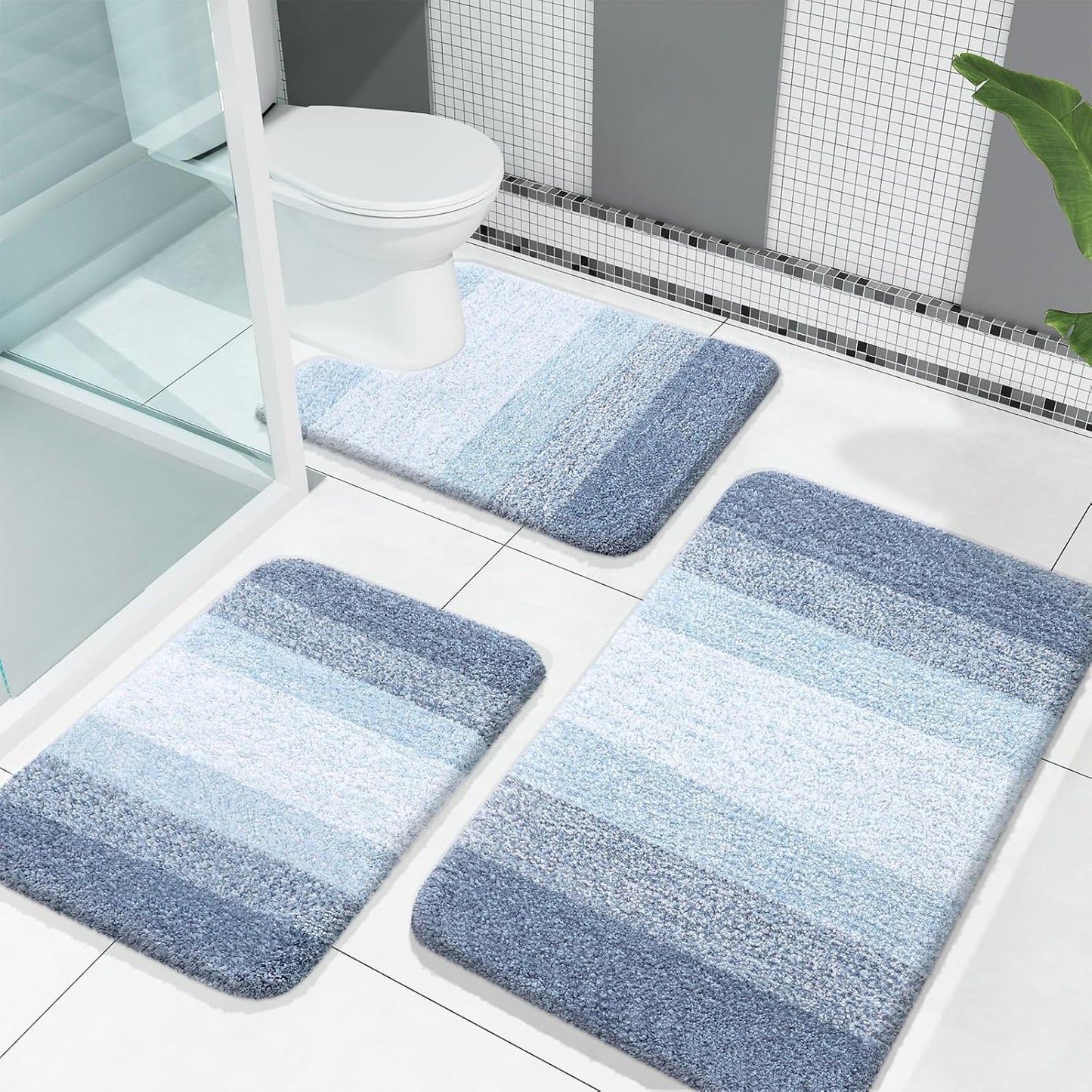 Bathroom Rugs Sets 3 Piece, Soft Absorbent Microfiber Bath Rugs and U-Shaped Contour Toilet Rug Area Rug Set, Non-Slip Bath Carpet, Home Decor Accessories, Bath Mat Set for Bathroom, Black