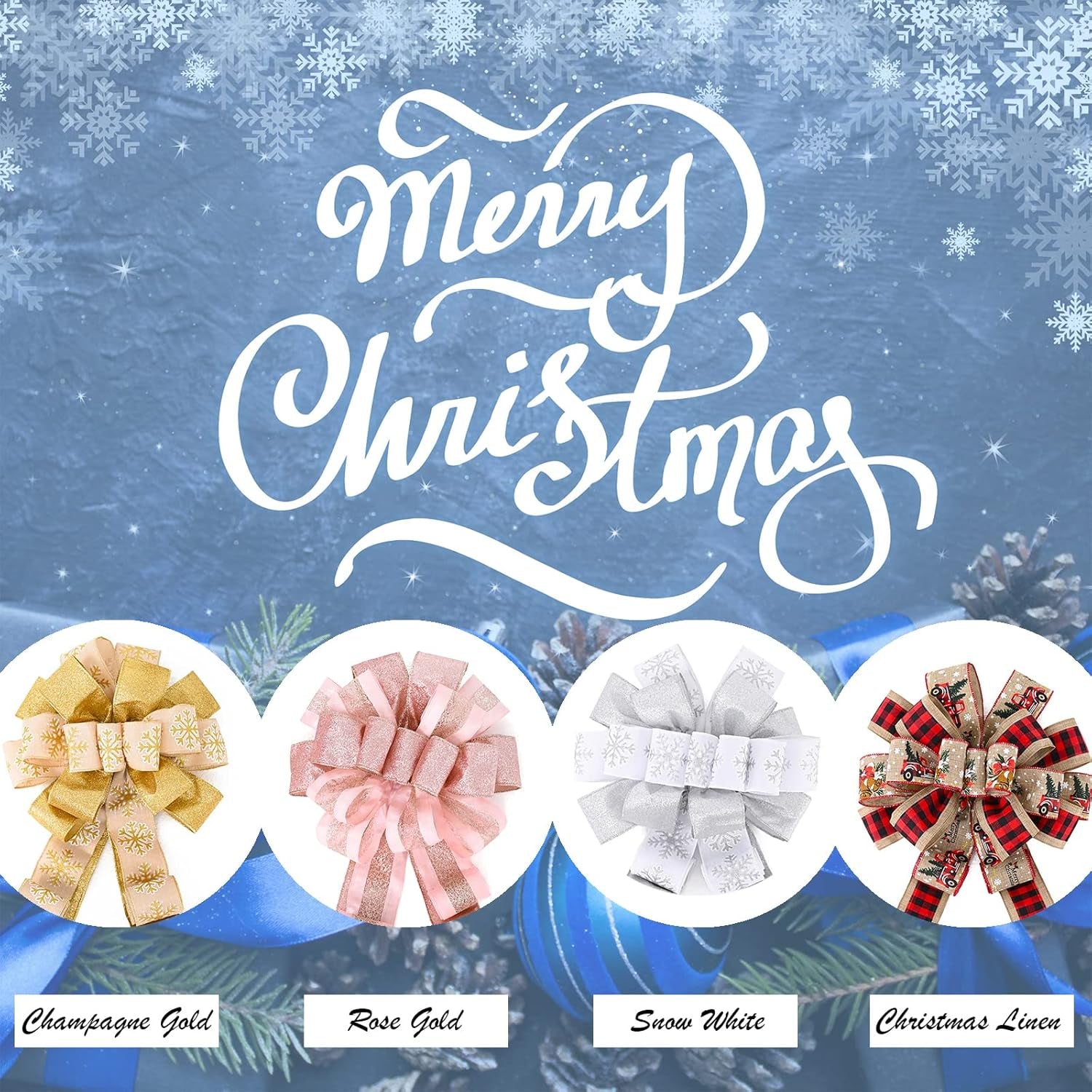 Christmas Tree Topper, 40X13 Inches Toppers Bow with Glitter Satin Mesh Streamer and Patterned Ribbon, Christmas Tree Topper Bow for Christmas Home Decoration (Rose Gold)