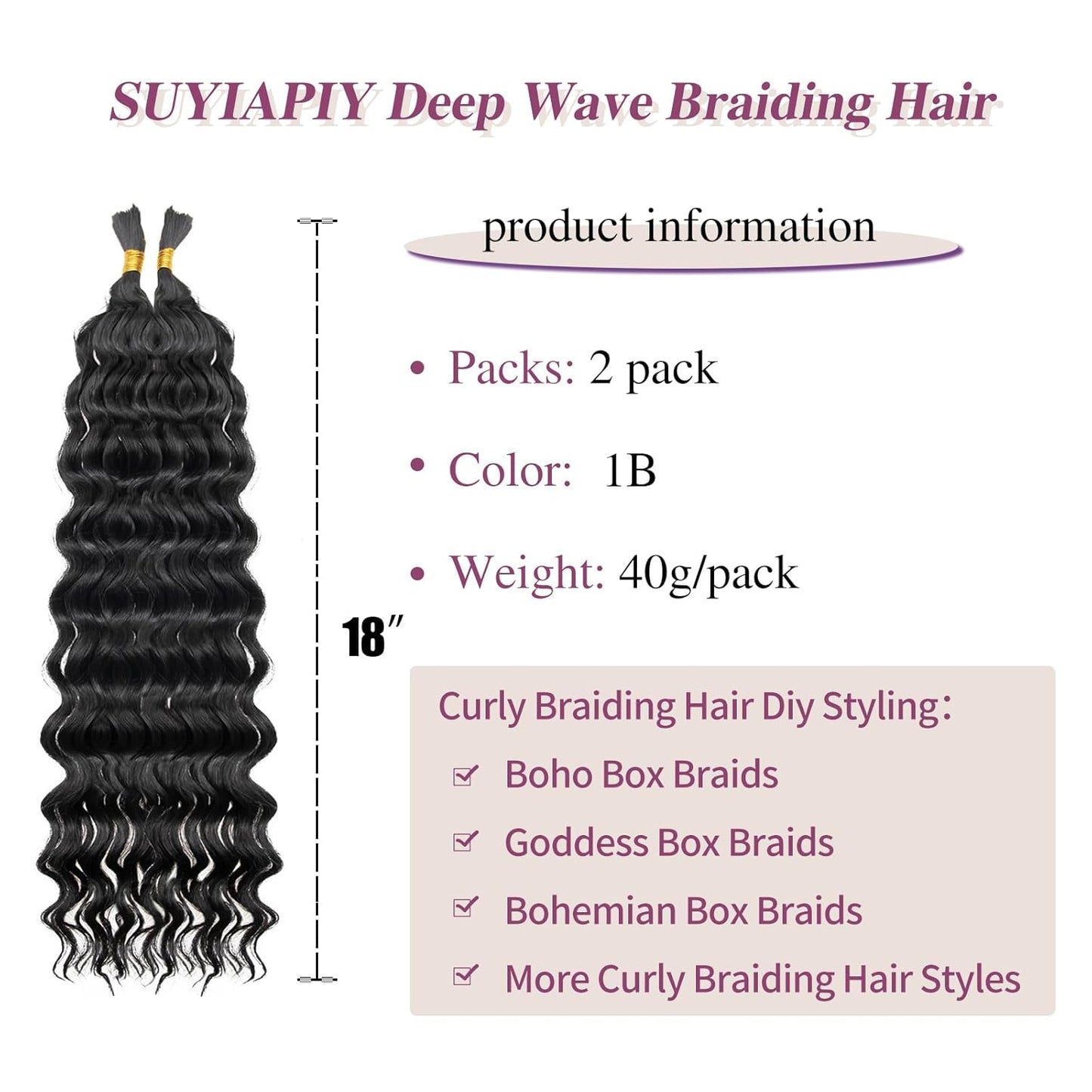 Boho Hair for Braiding Curly Braiding Hair Deep Wave Bulk Hair for Braiding 2 Bundles 100G Natural Black Micro Twist No Weft Wet and Wavy Braiding Hair (1B, 18 Inch)