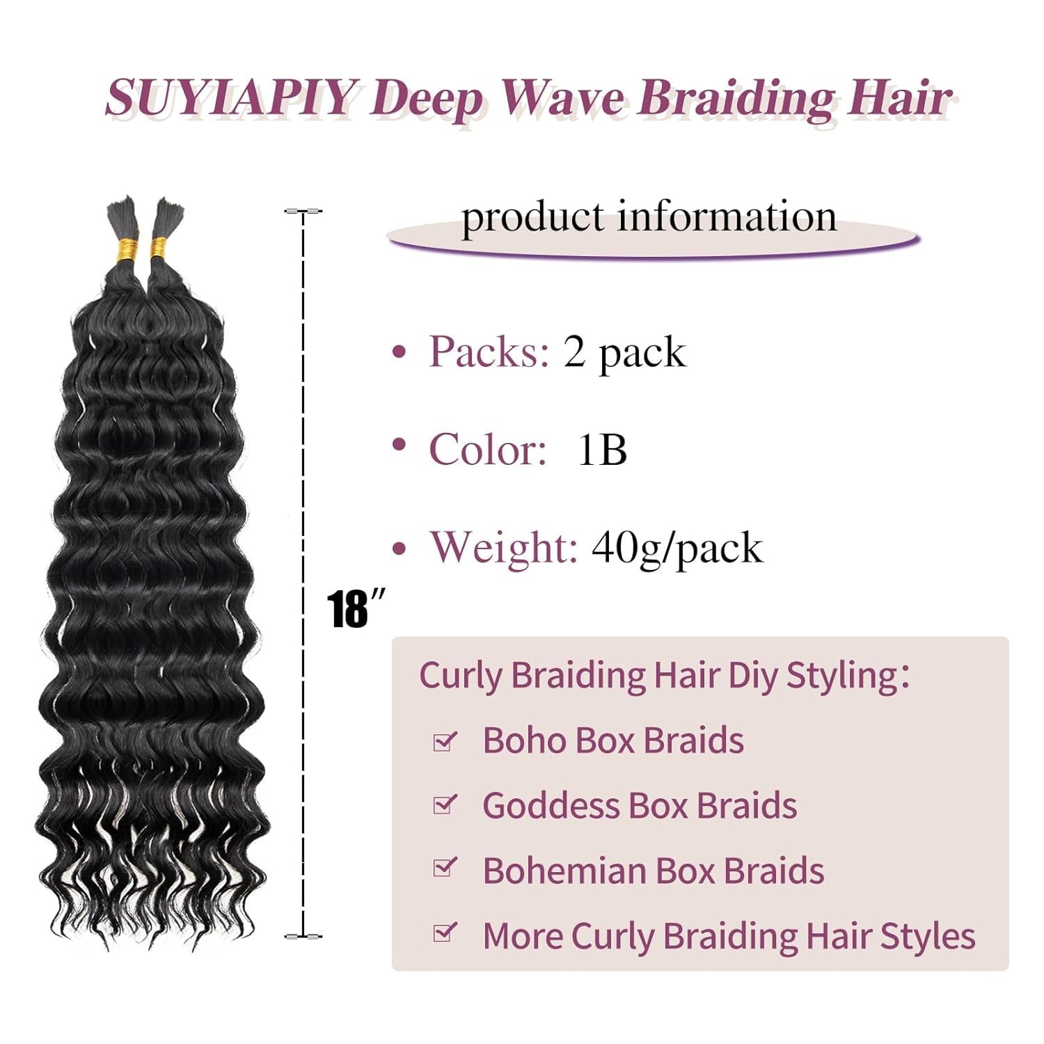 Boho Hair for Braiding Curly Braiding Hair Deep Wave Bulk Hair for Braiding 2 Bundles 100G Natural Black Micro Twist No Weft Wet and Wavy Braiding Hair (1B, 18 Inch)