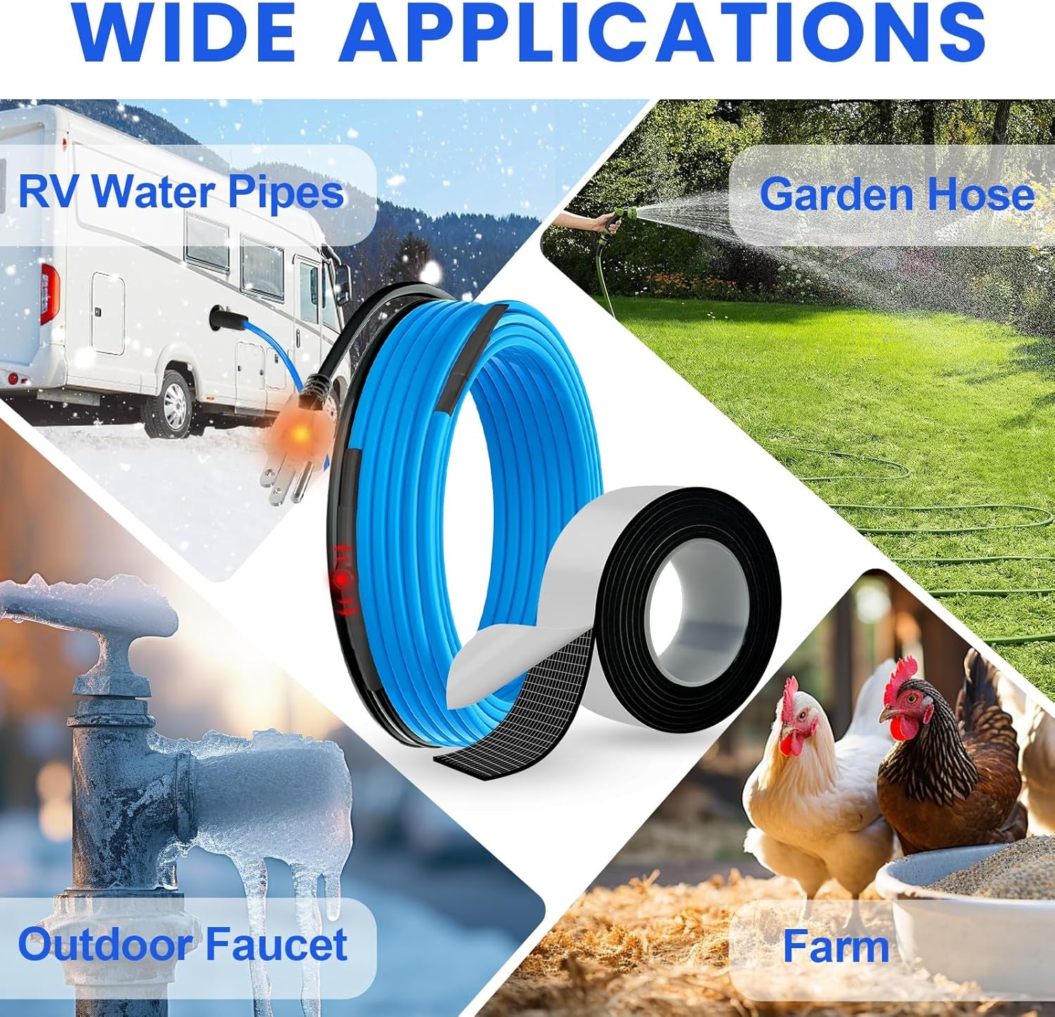 6Feet Water Pipe Heat Trace Kit with Thermostat for Pipe Freeze Protection, 8.2 Ft X 2 in Self-Adhesive Outdoor Water Pipe Insulation Tape for 120V Electric Pipe Heat Cable Anti-Freeze