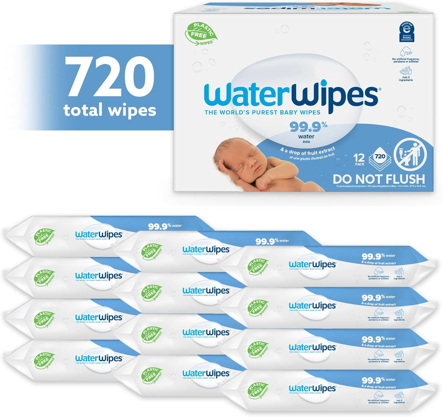 Plastic-Free Original Baby Wipes, 99.9% Water Based Wipes, Unscented & Hypoallergenic for Sensitive Skin, 60 Count (Pack of 12), Packaging May Vary