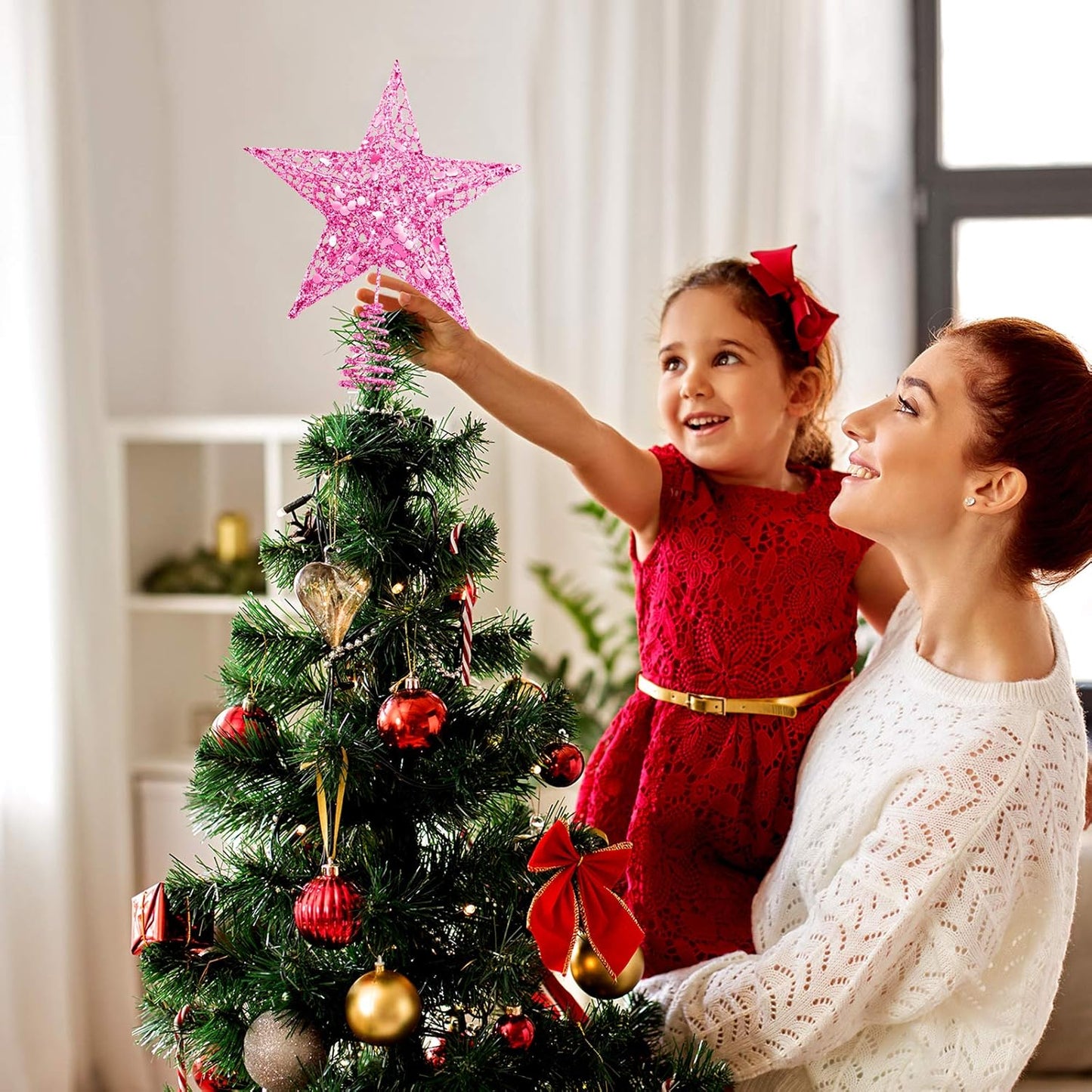 Glittered Christmas Tree Topper Metal Christmas Treetop Hallow Wire Star Topper for Christmas Home Decoration (8 Inches, Pink)