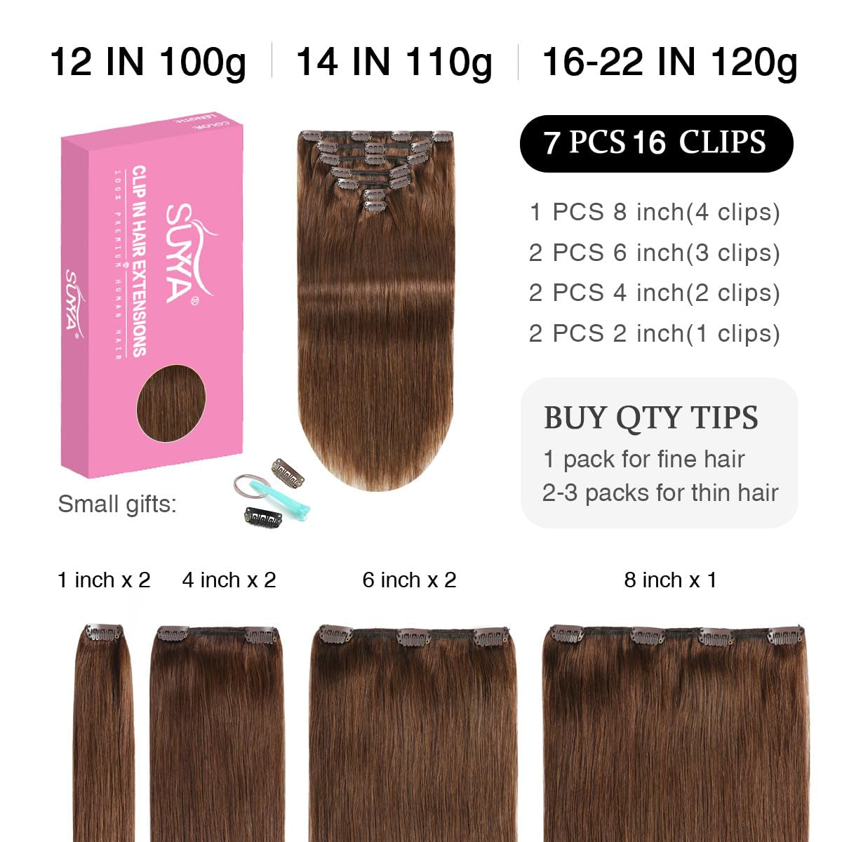 Clip in Hair Extensions Real Human Hair 16 Inch 120G 7Pcs Chocolate Brown Human Hair Extensions Clip Ins Straight Double Weft Hair Extensions Clip Ins(16 Inches #4 Dark Brown)