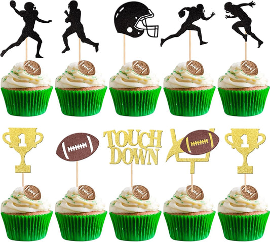 36 PCS Rugby Ball Cupcake Toppers Glitter Trophy Amecian Football Cupcake Picks Touchdown Player Cake Decorations for Super Bowl Rugby Sports Theme Baby Shower Kids Birthday Party