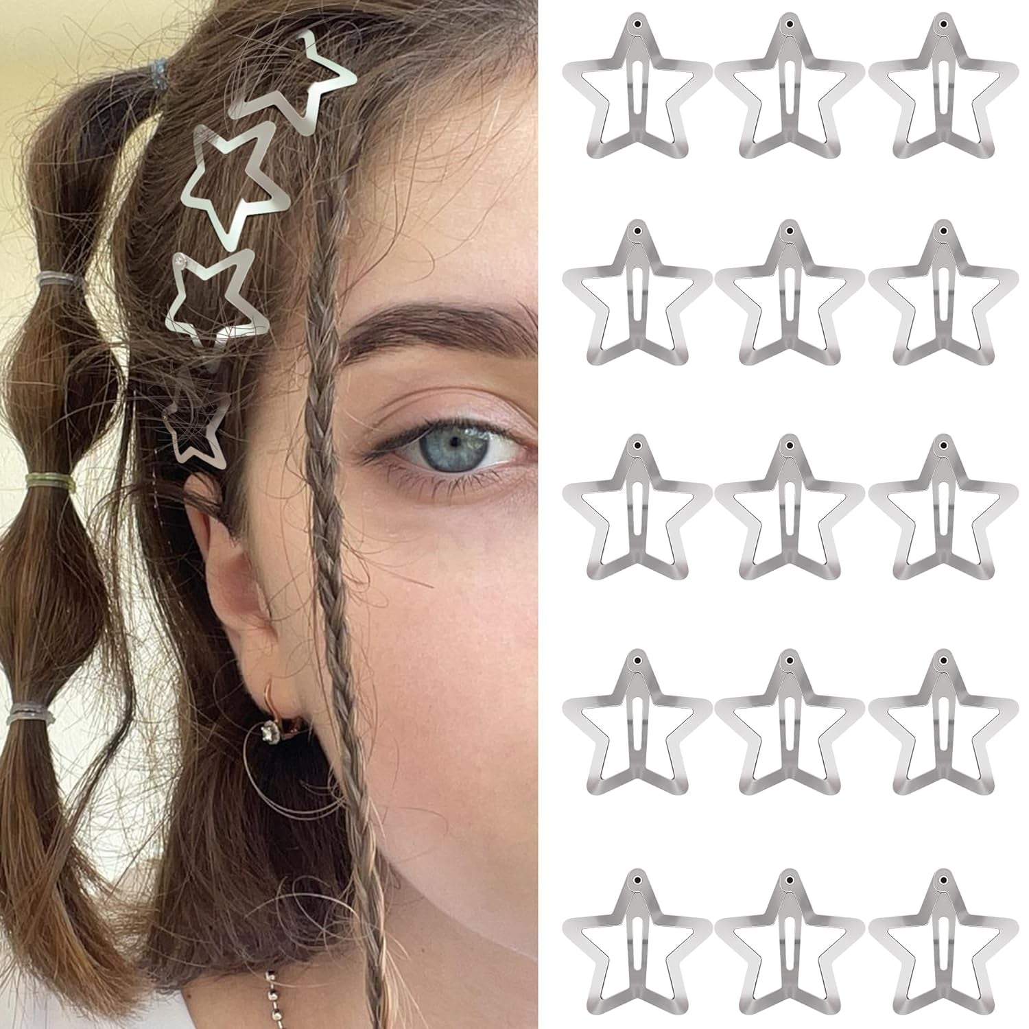 Star Hair Clips 2000S Y2K Snap Hair Barrettes Non Slip Star Hair Accessories Silver Metal Hair Clips for Girls Women -15 PCS 1.57"