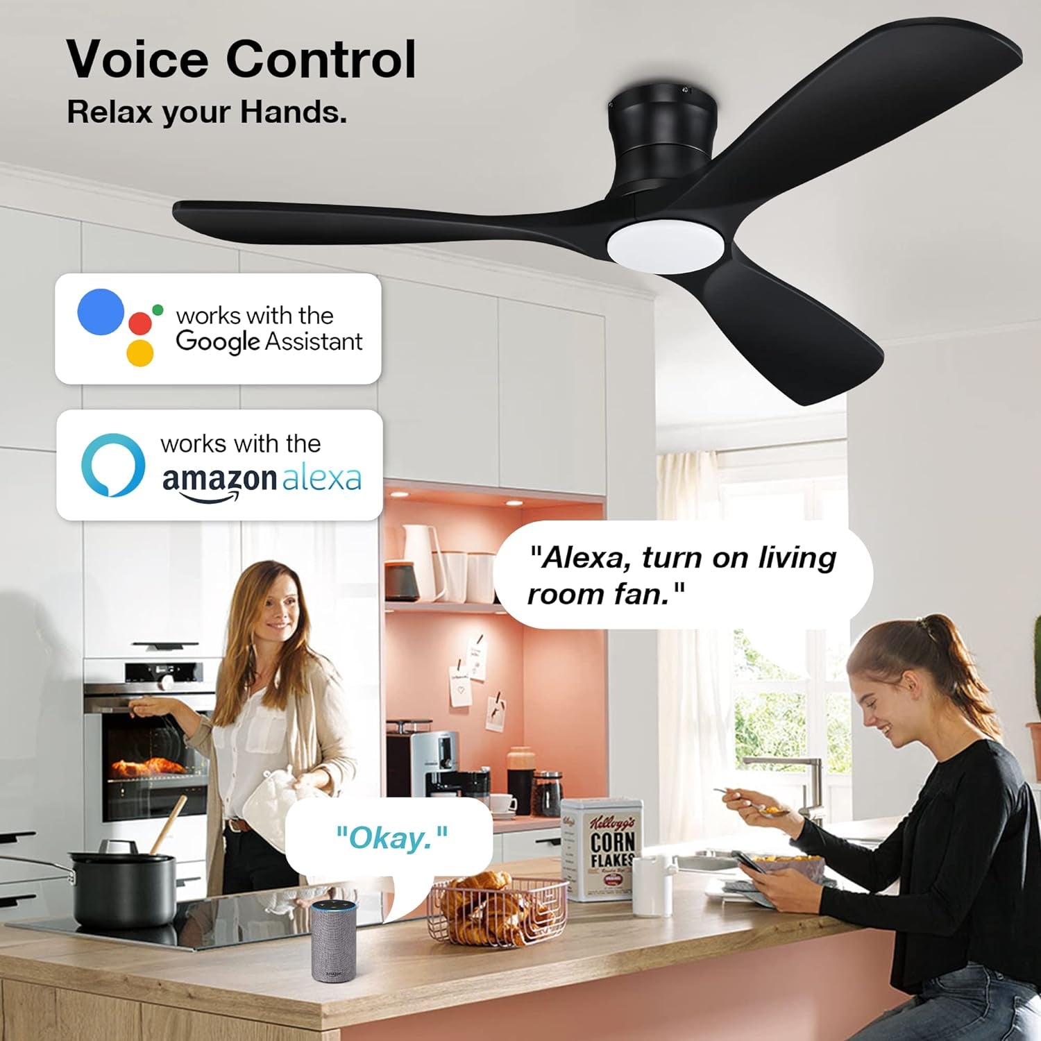 52” Smart Wood Low Profile Ceiling Fan with Lights Remote,Quiet DC Motor,Outdoor Indoor Flush Mount Ceiling Fans Controlled by WIFI Alexa App,Modern Black for Bedroom Living Room Patio Porch