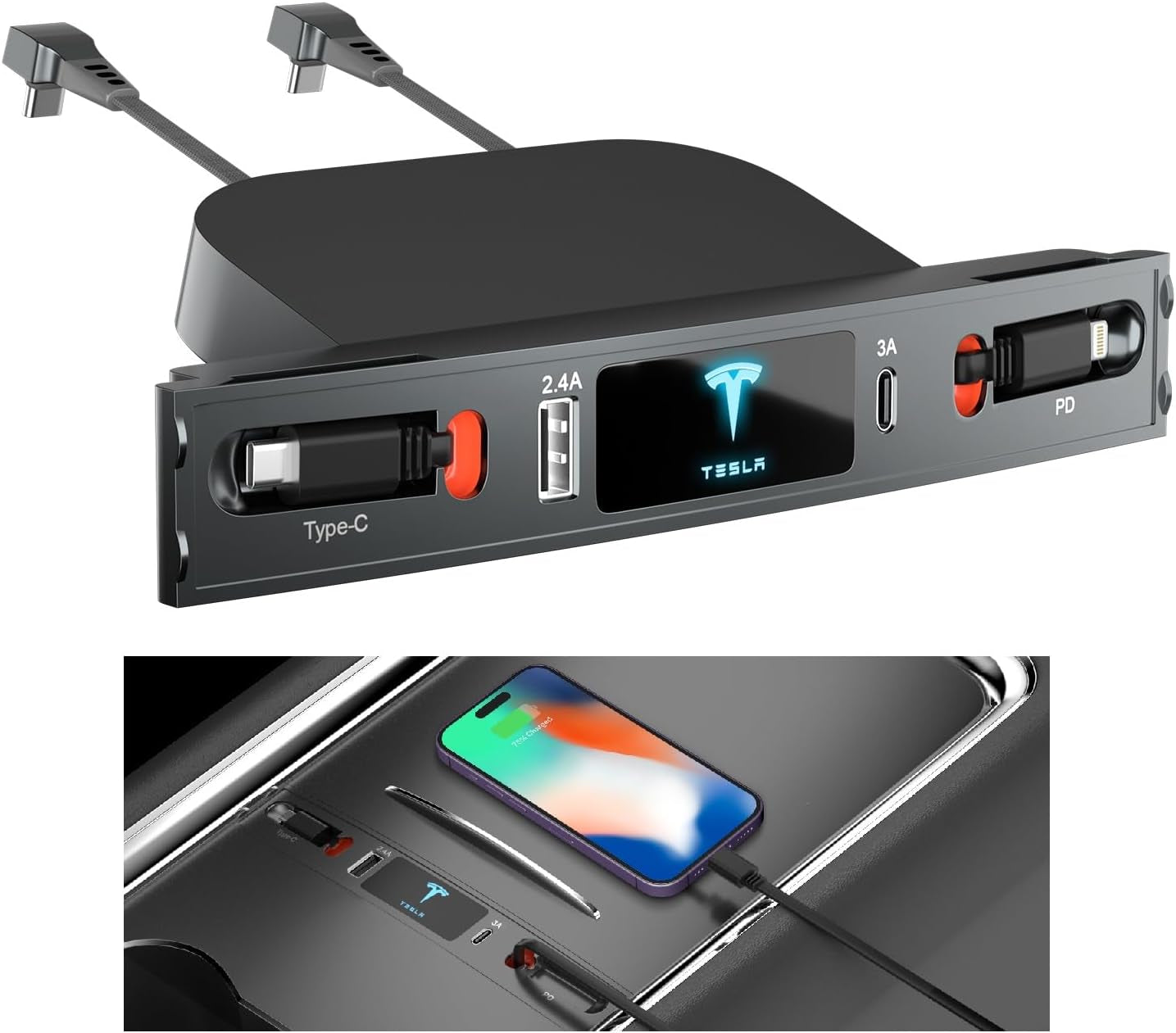 Tesla USB Hub for 2021 2022 Tesla Model 3 Model Y, Retractable Hub Docking Station with Fast Charging Cable Multi Port,Tesla Accessories Docking Station of Center Console for Model 3/Y