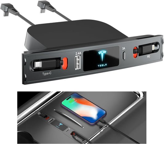Tesla USB Hub for 2021 2022 Tesla Model 3 Model Y, Retractable Hub Docking Station with Fast Charging Cable Multi Port,Tesla Accessories Docking Station of Center Console for Model 3/Y