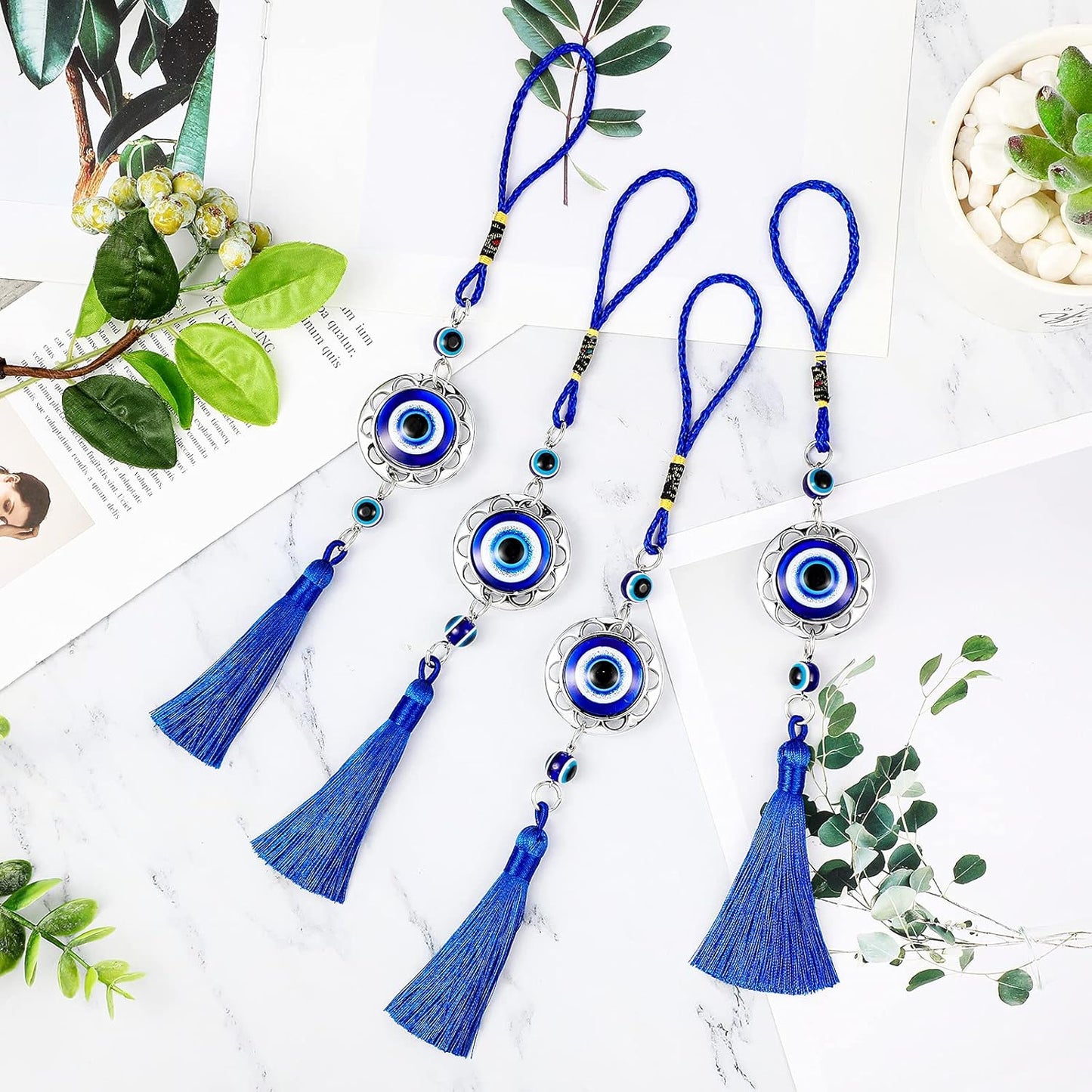 Lucky Evil Eye Car Hanging Ornament Blue Resin Evil Eye Beads Charm Pendant Blue Eyes Tassel Rear View Mirror Hanging Accessories Evil Eye Protection Pedant Charms for Car Home Decors (6 Pieces)