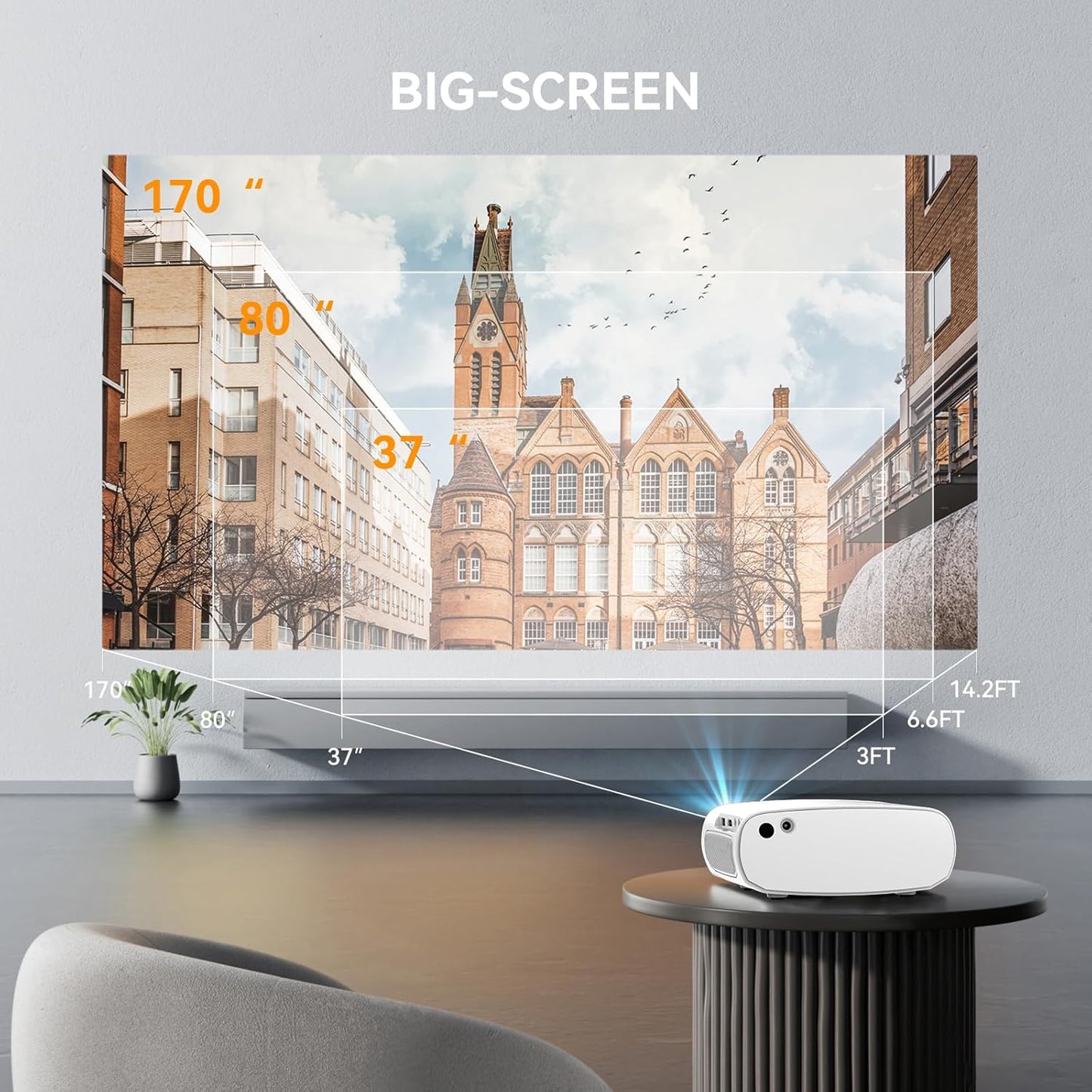 Mini Projector with Wifi Portable Projector Support 1080P 170" Mini HD Movie Projector, Outdoor Projector Compatible with Phone/ Tablet/ Laptop/ TV Stick/ PS4/ HDMI/USB - White