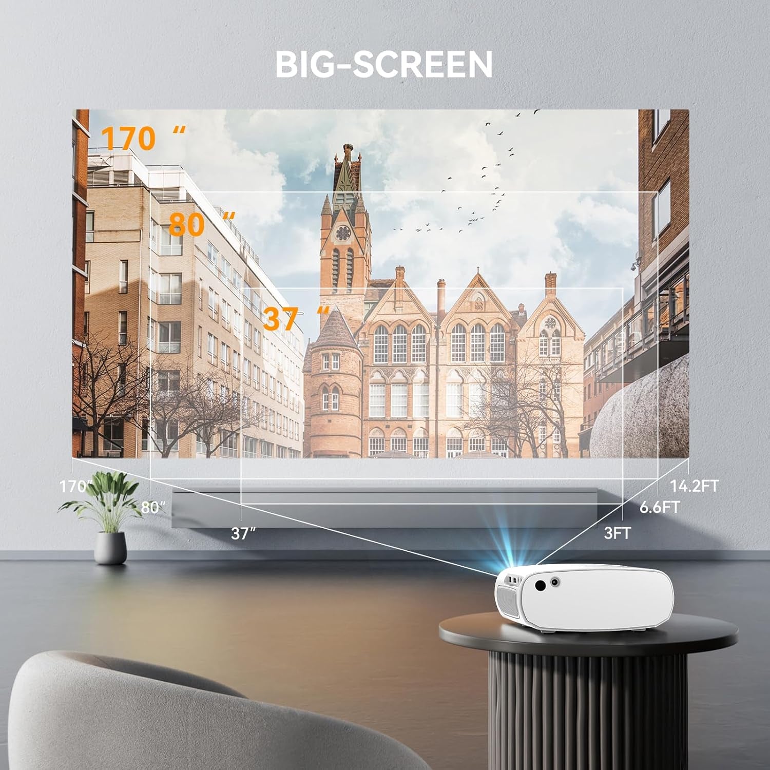 Mini Projector with Wifi Portable Projector Support 1080P 170" Mini HD Movie Projector, Outdoor Projector Compatible with Phone/ Tablet/ Laptop/ TV Stick/ PS4/ HDMI/USB - White