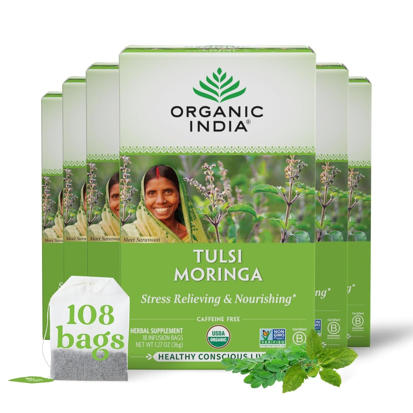 Tulsi Original Herbal Tea - Holy Basil and African Basil Calming and Stress Relief Tea, Immune Support, USDA Certified Organic, Non-Gmo, Caffeine-Free - 18 Infusion Bags, 6 Pack TLBH