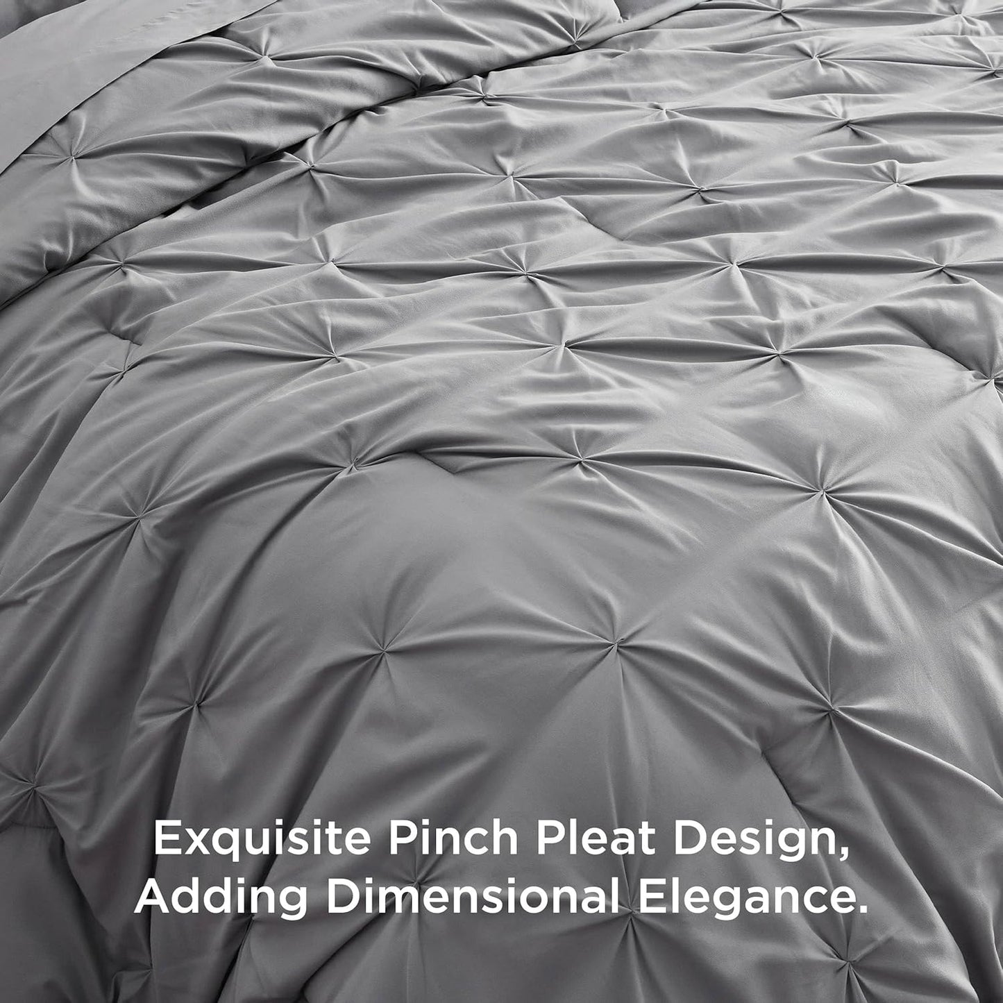 King Size Comforter Set - Bedding Sets King 7 Pieces, Pintuck Bed in a Bag Grey Bed Set with Comforter, Sheets, Pillowcases & Shams