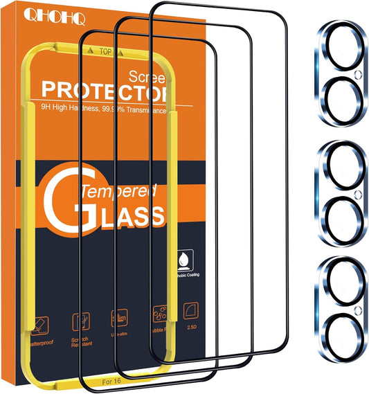 for Iphone 16 Screen Protector with Camera Lens Protector, [Military Grade Shatterproof], Top 9H+ Tempered Glass, Full Edge Coverage, Ultra Durable, with Easy Installation Tool [3+3 Pack]