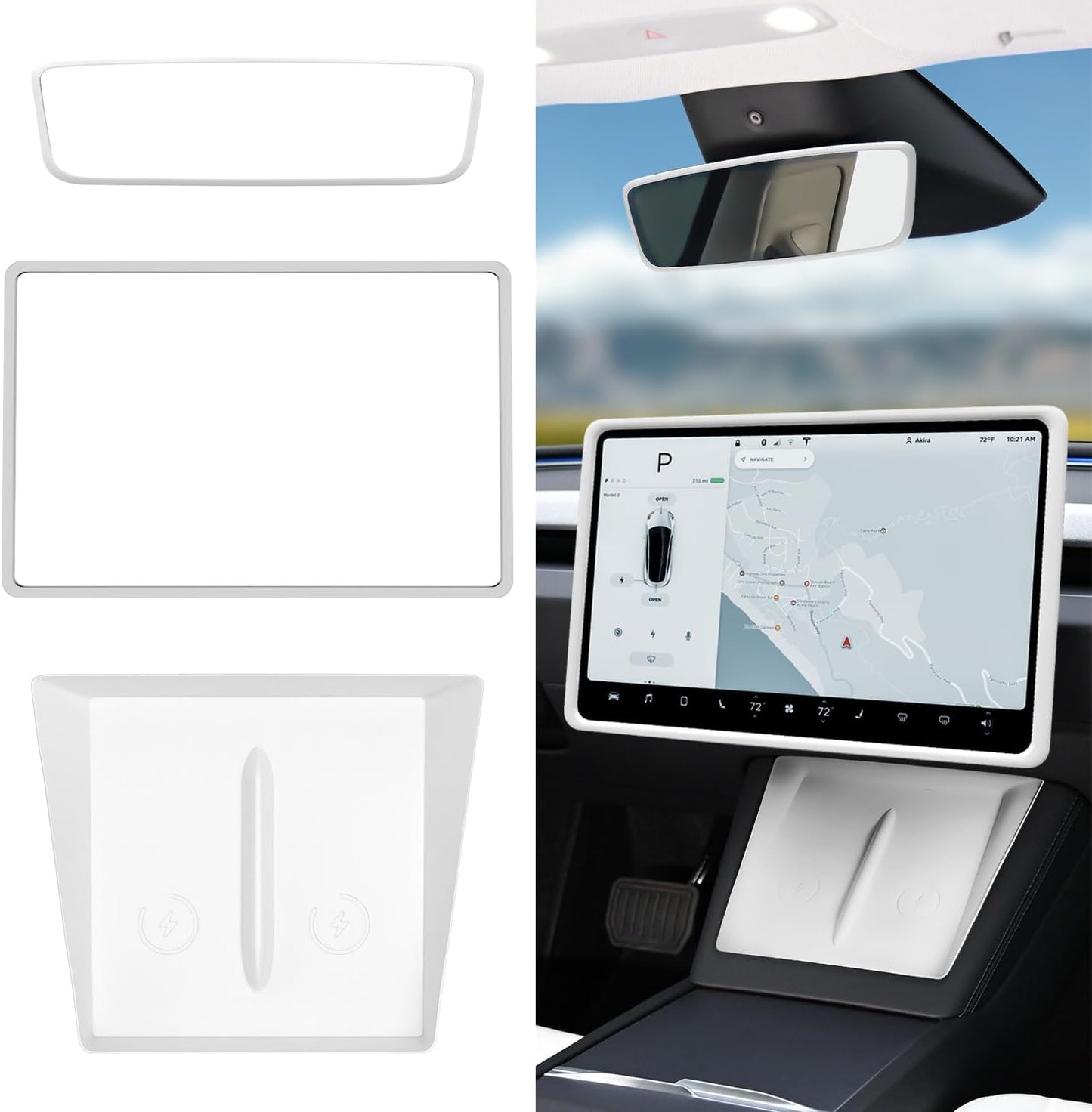 Center Console Wireless Charger Mat,Screen Frame Protector,Rearview Mirror Frame Protector, Anti-Slip Silicone Protector Compatible with 2024 Tesla Model 3 Highland Accessories(3 PCS White)