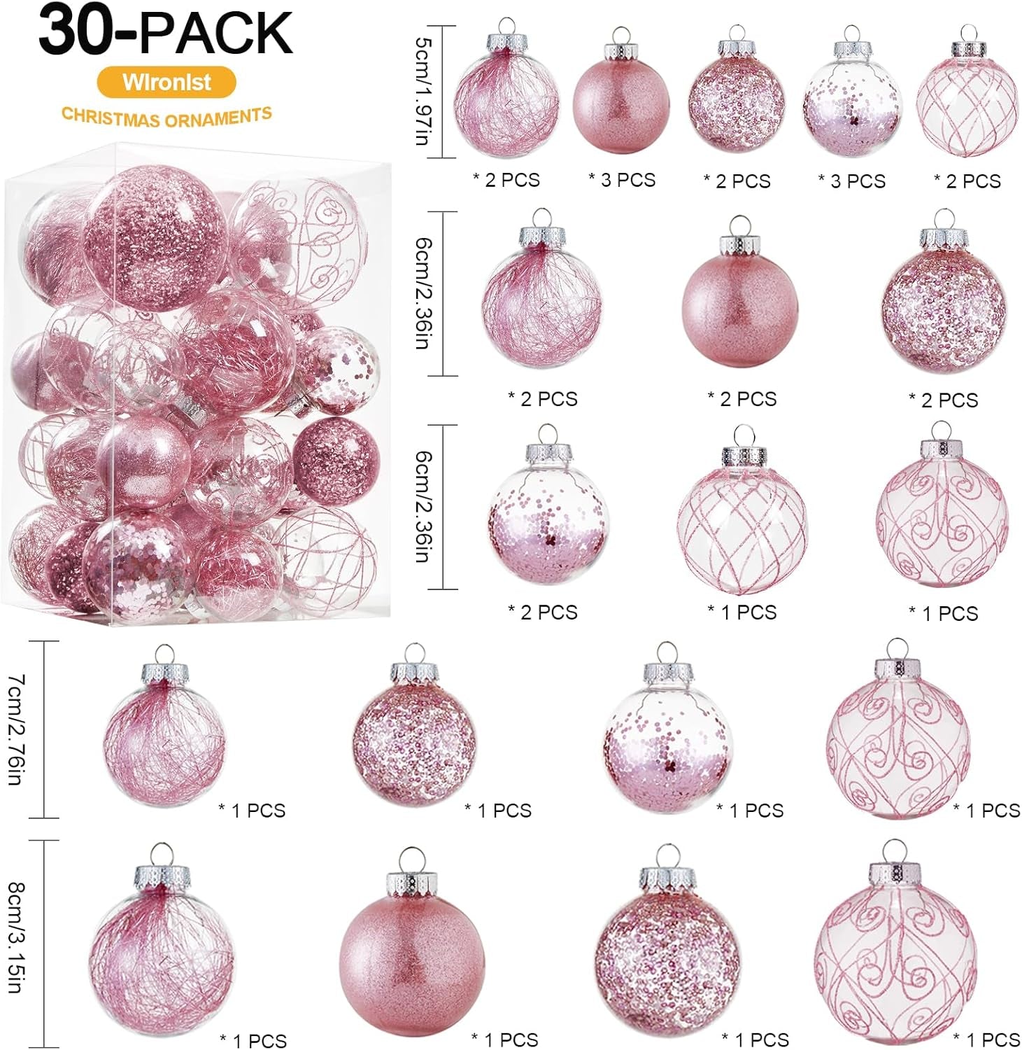 Christmas Ball Ornaments Shatterproof Clear Large Plastic Hanging Ball Decorative Baubles Set with Stuffed Delicate Decorations (Multi-Size, Pink)
