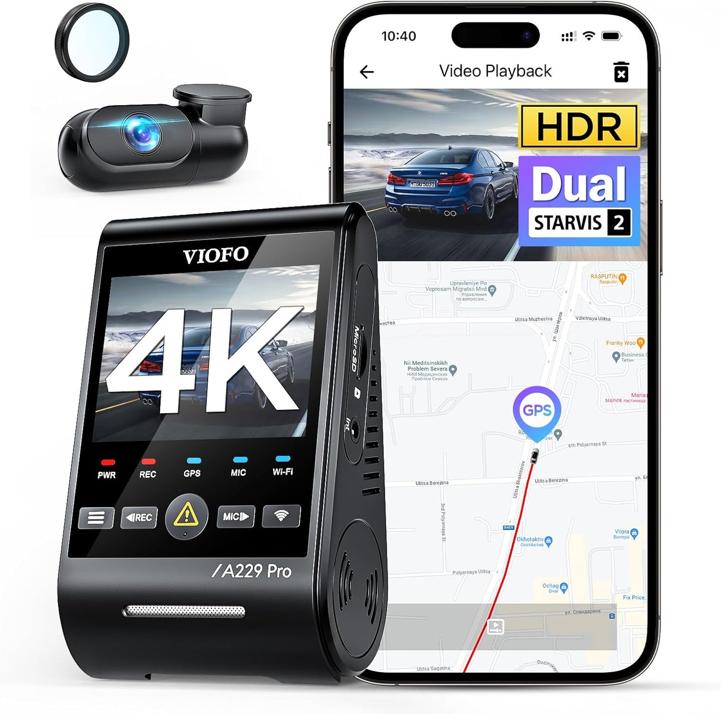 A229 Pro 4K HDR Dash Cam, Dual STARVIS 2 IMX678 IMX675, 4K+2K Front and Rear Car Camera, 2 Channel with HDR, Voice Control, 5Ghz Wifi GPS, Night Vision 2.0, 24H Parking Mode, Support 512GB Max