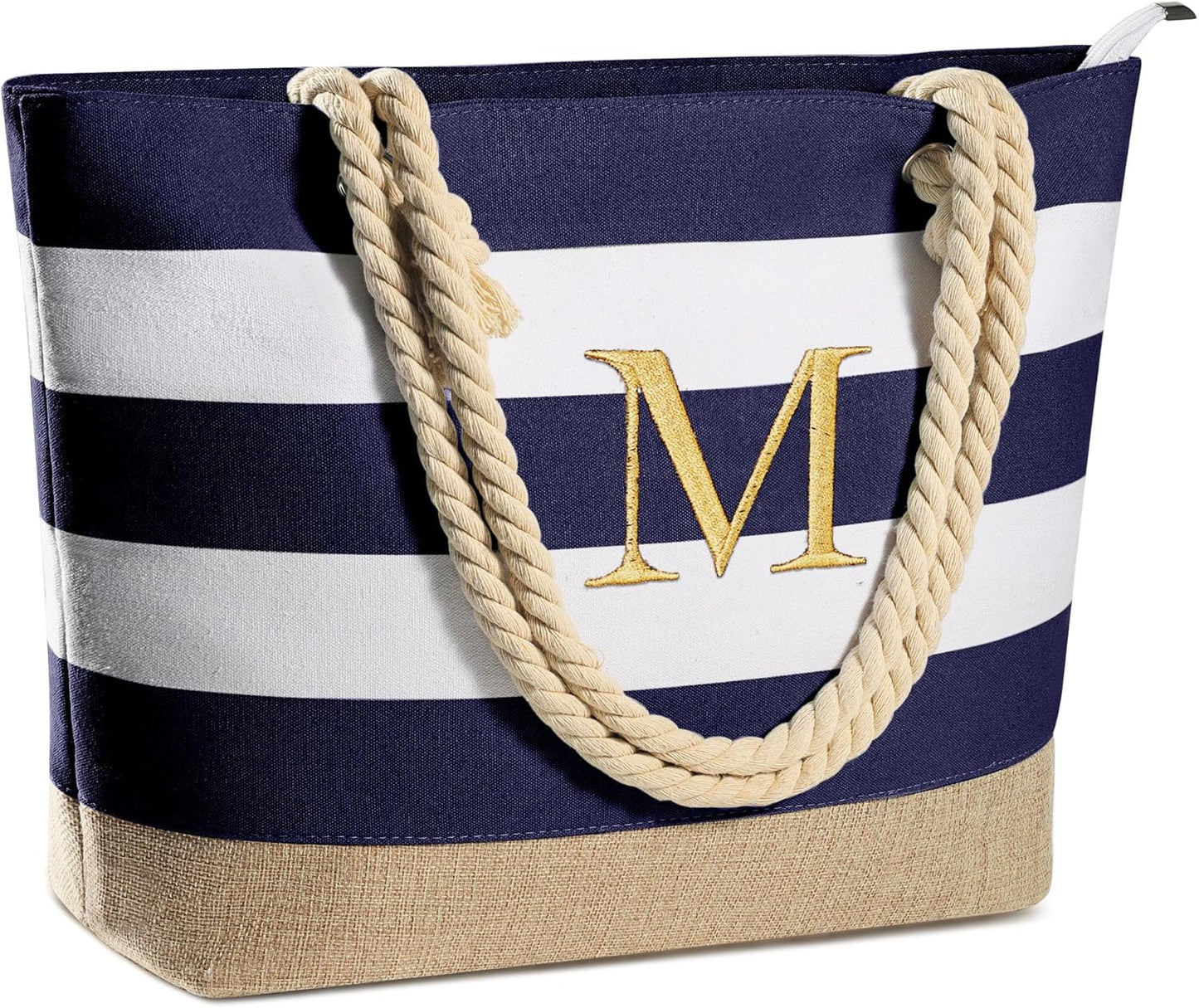 Initial Canvas Waterproof Beach Tote Bag Zipper Personalized Gifts for Women Her Birthday Travel Beach Essential
