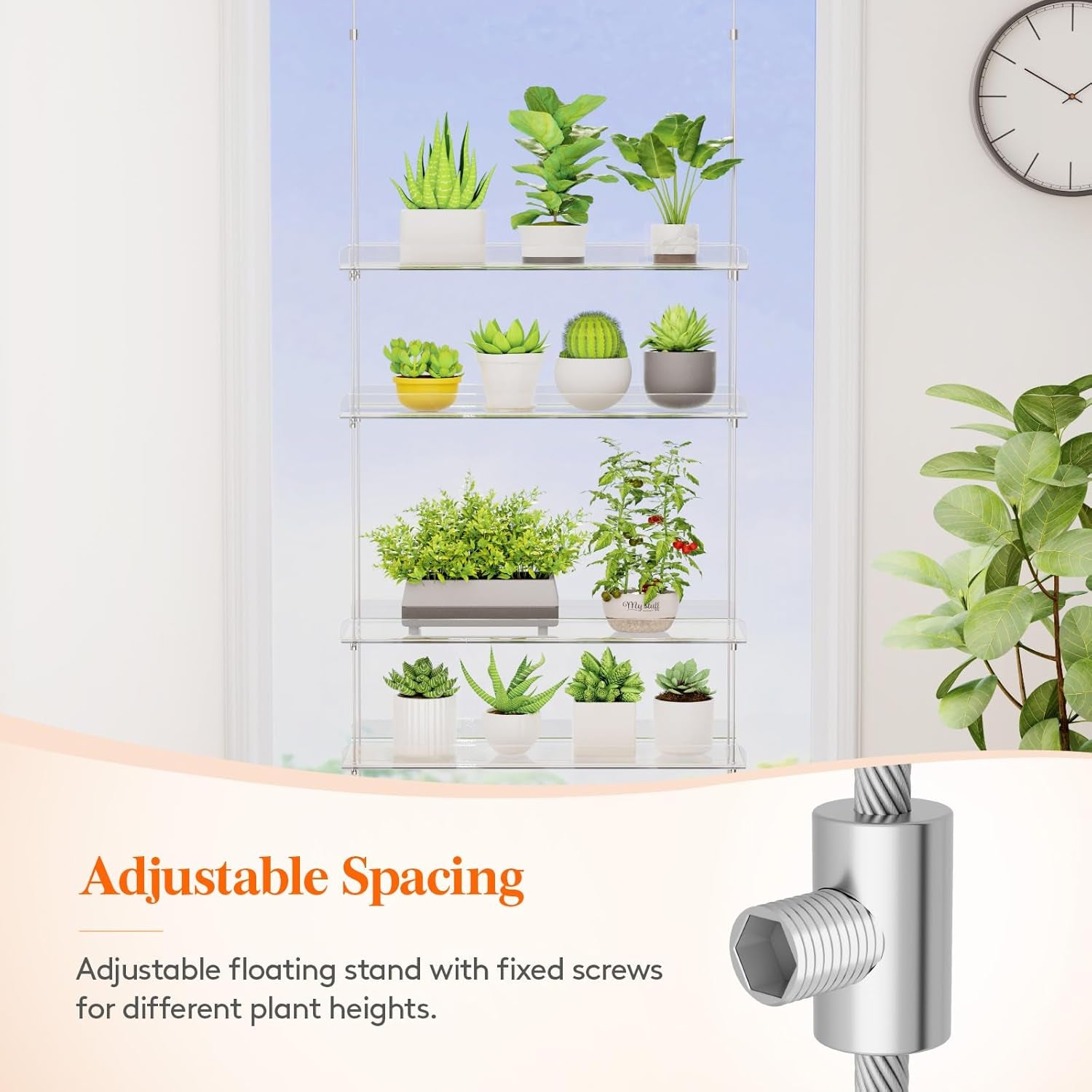 2-Tier Window Plant Shelves 15 Inch, Acrylic Adjustable Hanging Floating Shelf, Window Sill Extender for Indoor Succulent Plants, Micro Greens, Seed Starter Pots, Herb Planters