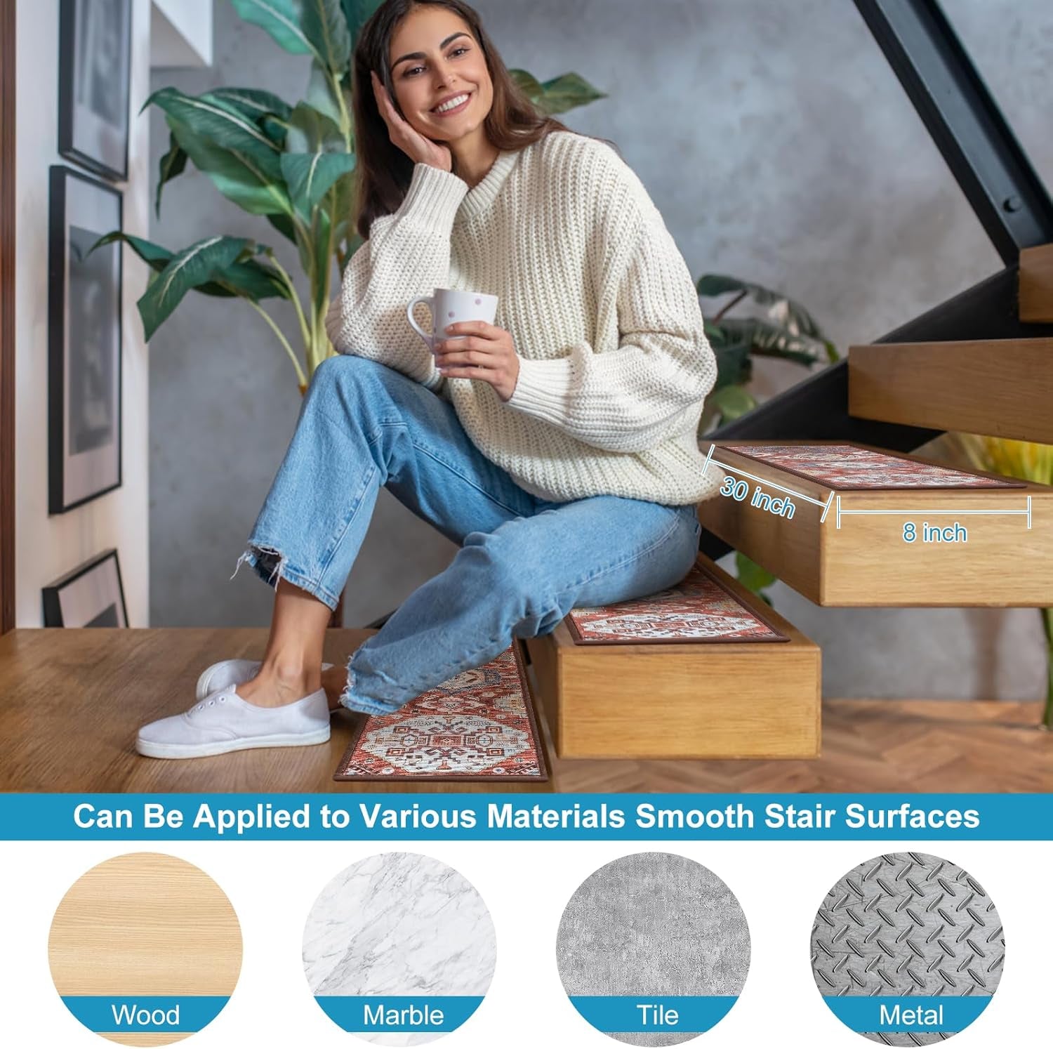 Non-Slip Carpet Stair Treads for Wooden Steps Indoor Set of 15 Pack 8" X 30" Peel and Stick Reusable Staircase Stair Runners Rugs, Soft Safety for Dogs, Kids & Elders, Stairway Grip, Red