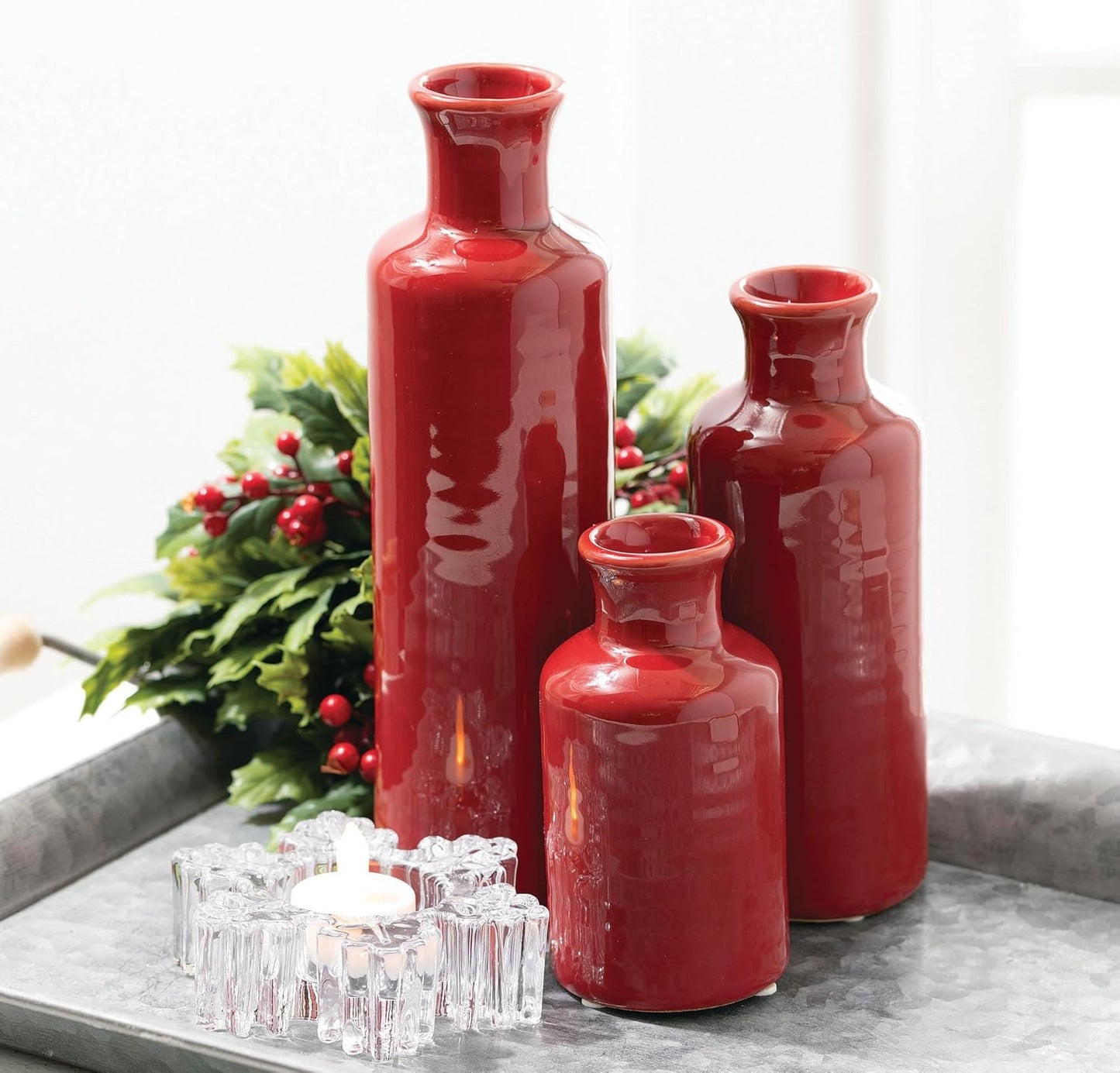 Vase Set, Farmhouse Decor, Aesthetic Room Decor, Boho Decor, Vases for Your Kitchen, Bedroom, Office, Living Room & Bathroom, Shelf Decor, Centerpiece Table Decorations, Red Vases (CM2407)