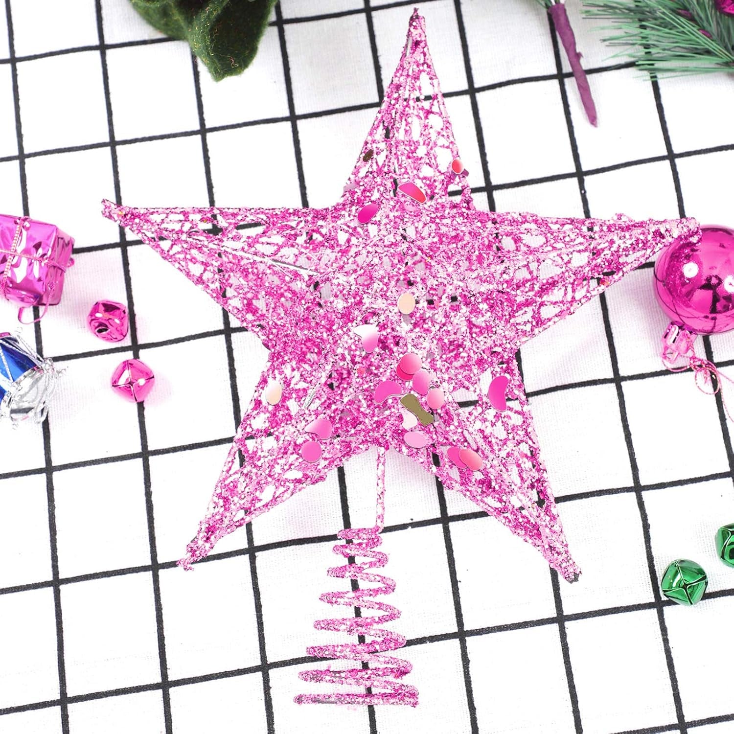 Glittered Christmas Tree Topper Metal Christmas Treetop Hallow Wire Star Topper for Christmas Home Decoration (8 Inches, Pink)