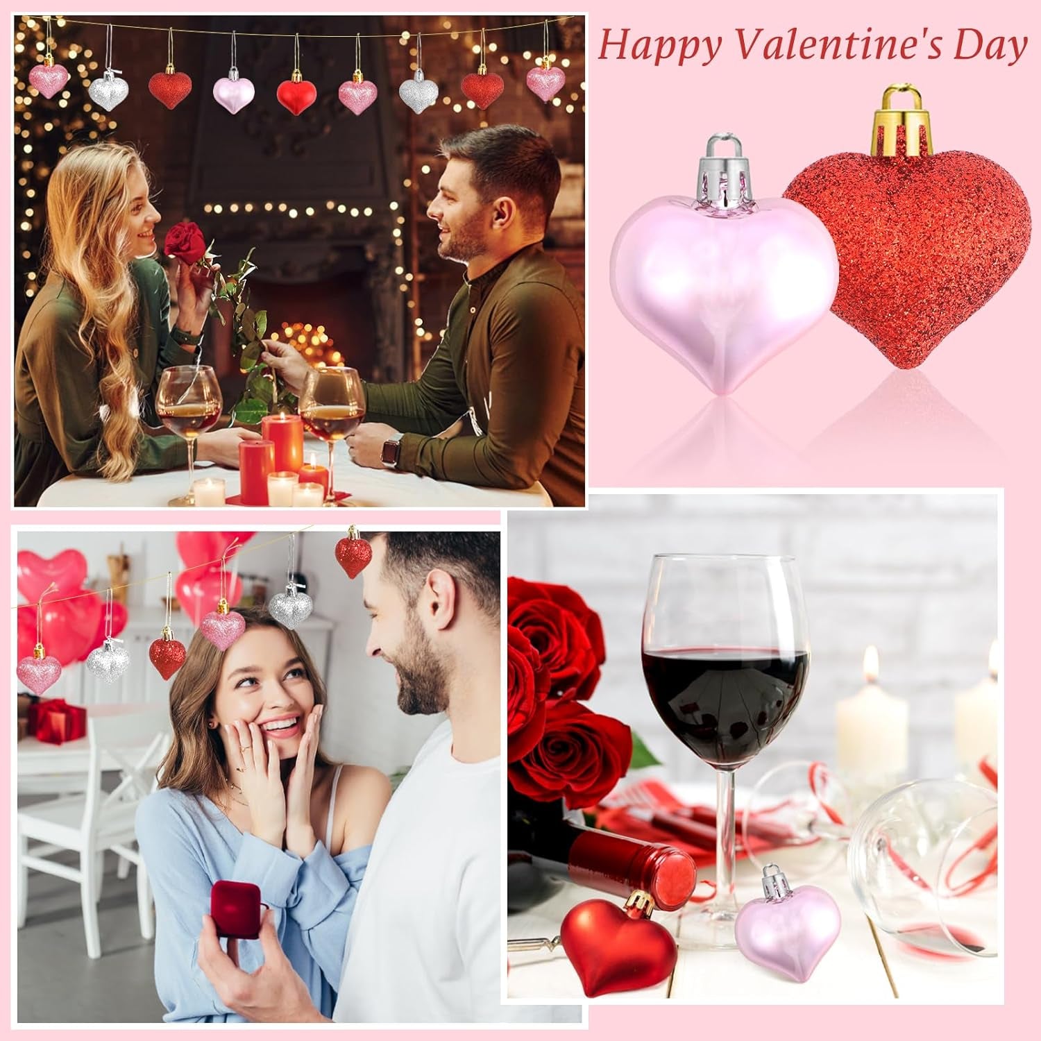 Valentines Day Decor Tree Decorations Set, 108 PCS Hanging Ornaments for Valentine'S Day St Patricks Easter, Romantic Decor Glitter Heart Shamrock Easter Egg for the Home Wedding Dinner Gifts Table