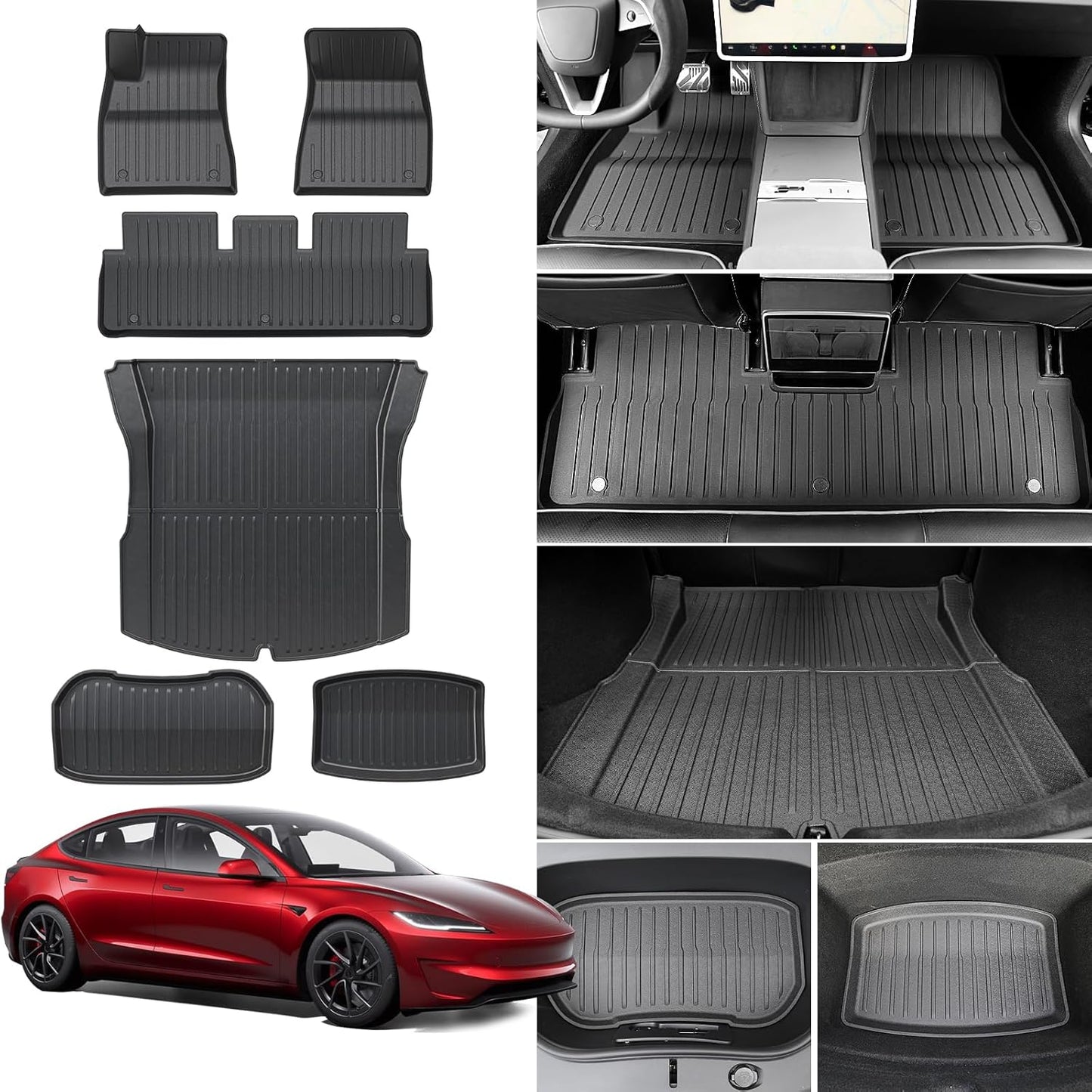 Tesla Model Y Floor Mats for 2025 2024 2023 2022 2021,  9PCS All Weather Full Set Cargo Liners Accessories, 3D TPE Odorless Floor Mat Trunk Frunk Rear Well Mats Custom for 5-Seater