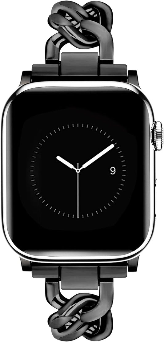 Black Watch Bands for Women Compatible with Apple Watch Band 38Mm 40Mm 41Mm Adjustable Metal Band Cowboy Steel Single Chain Bracelet for Iwatch Series 9/8/7/6/5/4/3/2/1/Se/Ultra (No Case)