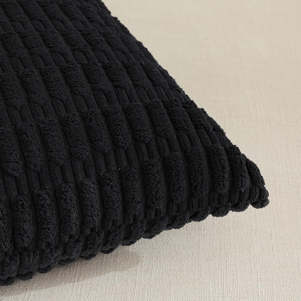 4 Packs Boho Black Decorative Throw Pillow Covers 18X18 Inch for Living Room Couch Bed Sofa, Rustic Modern Farmhouse Home Decor, Soft Plush Corduroy Cute Square Cushion Case 45X45 Cm