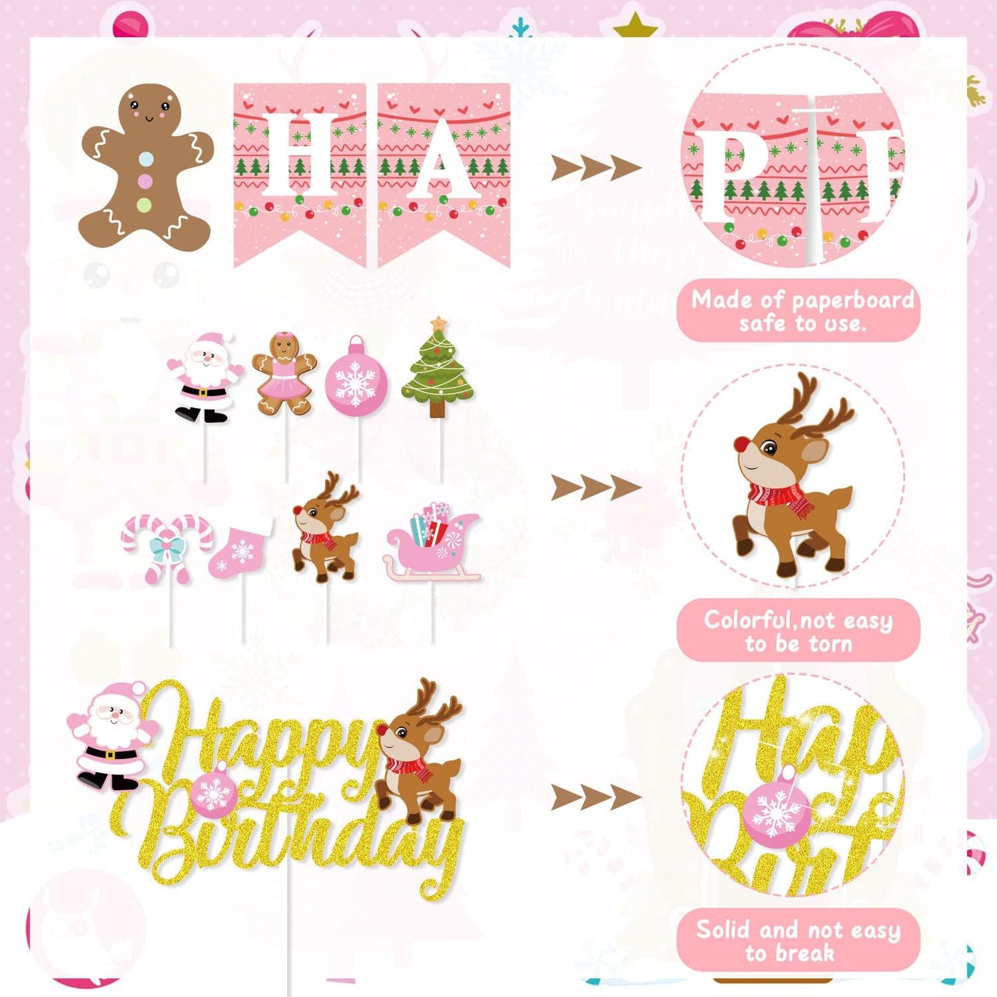 Pink Christmas Birthday Decorations,Gingerbread Man Theme Happy Birthday Banner Santa Claus Cake Topper Latex Balloons for Christmas Birthday Party Supplies