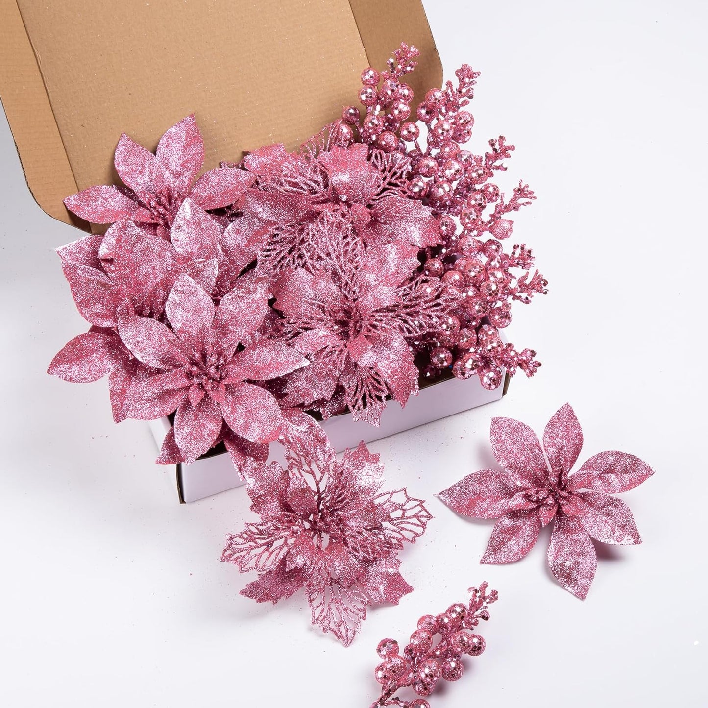 24Pcs Pink Glitter Poinsettia Christmas Tree Ornaments and Glitter Berries Stems, 16Pcs Christmas Artificial Flowers and 8 Pack Christmas Tree Picks for Wedding Holiday Decorations