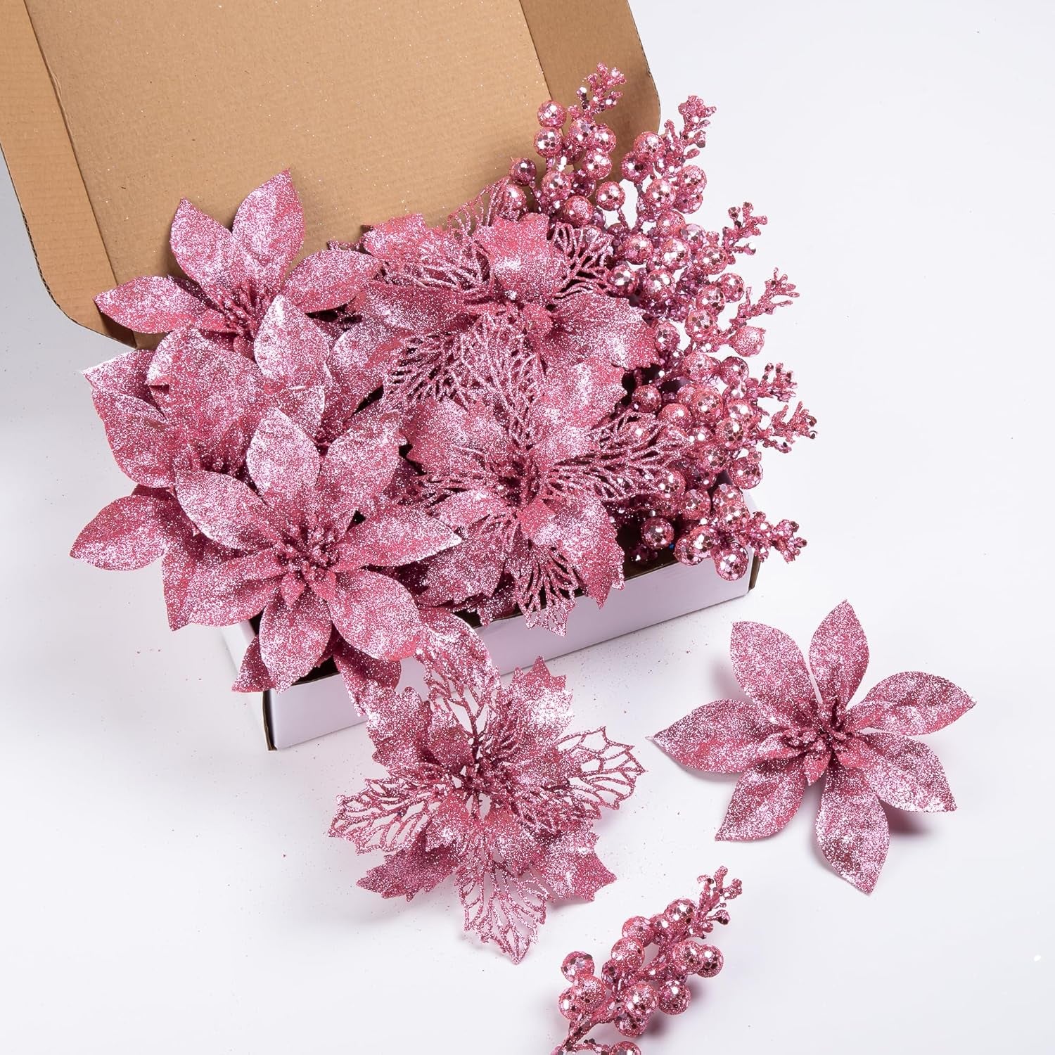 24Pcs Pink Glitter Poinsettia Christmas Tree Ornaments and Glitter Berries Stems, 16Pcs Christmas Artificial Flowers and 8 Pack Christmas Tree Picks for Wedding Holiday Decorations