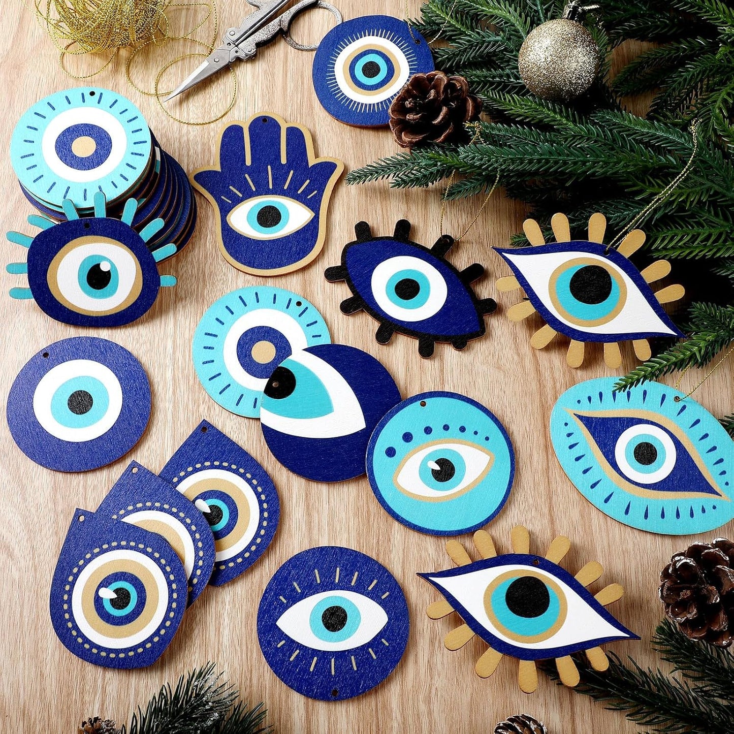 36 Pieces Evil Eye Ornaments for Christmas Tree Wooden Evil Eye Hanging Ornaments Decorations for Christmas Holiday Decor