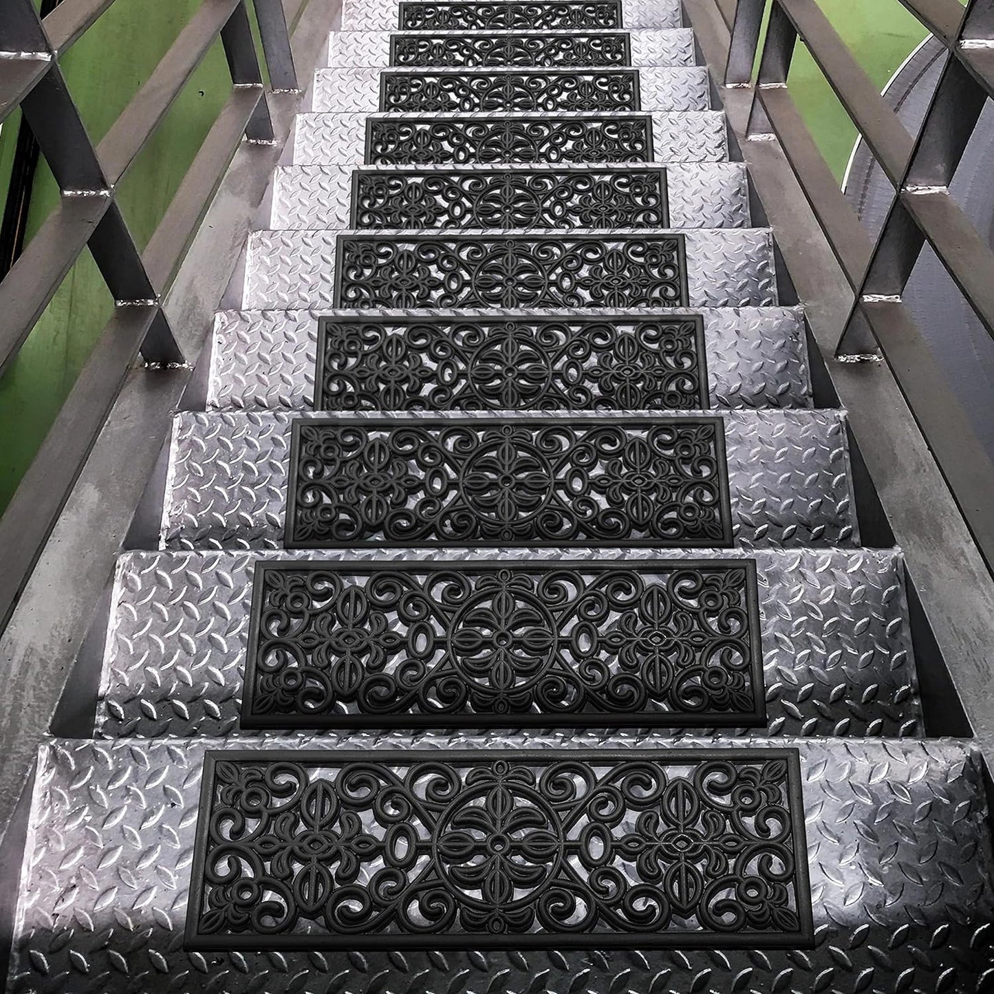 Indoor/Outdoor Hose-Wash Iron Wrought Design Non-Slip Rubber 10" X 30" Modern Stair Treads for Stairs, Garage, Patio, 5 Pack, Black Floral