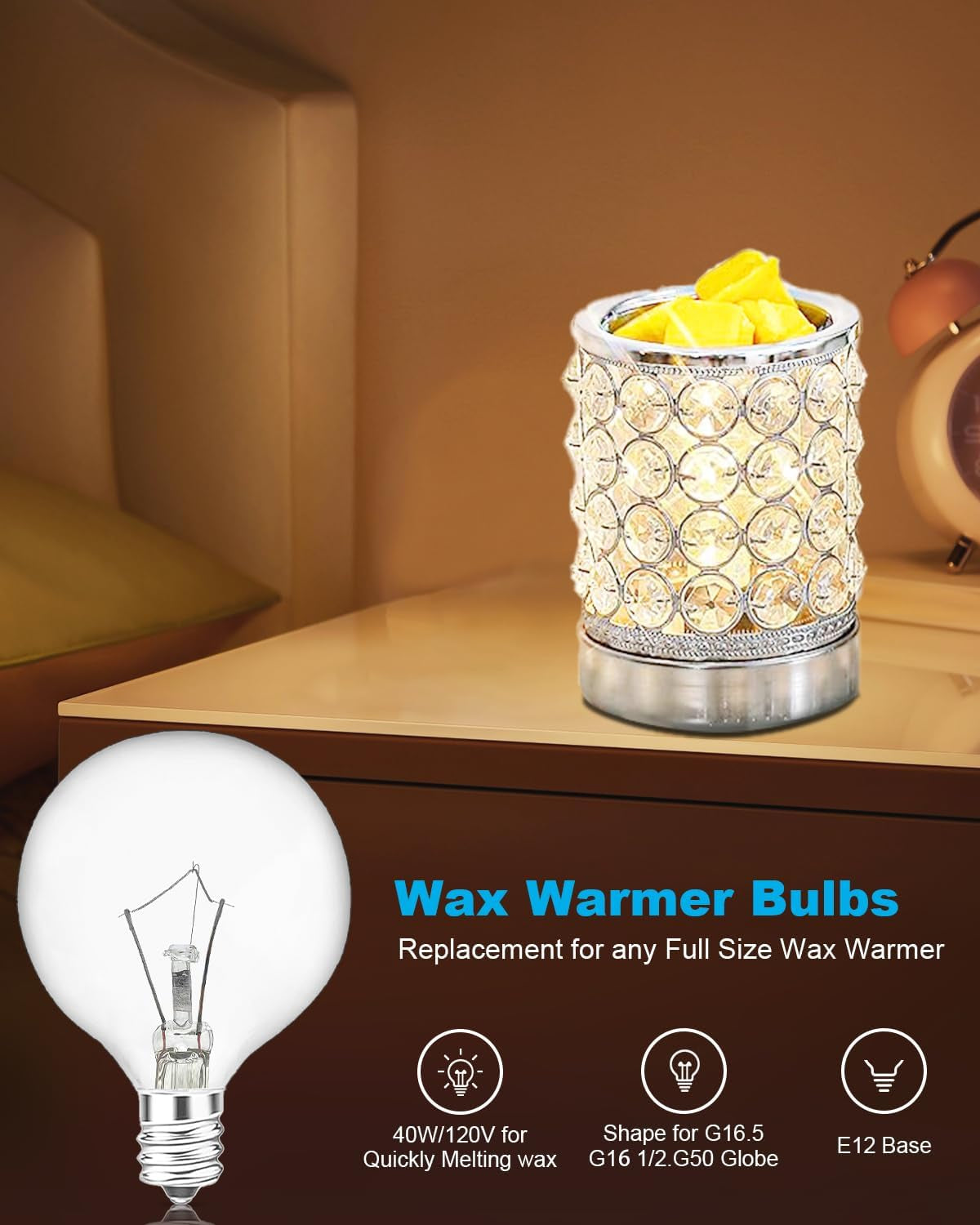 Wax Warmer Bulbs, 40W Candle Lamp, G50 Light Bulbs for Full Size Scentsy Warmer, E12 Candelabra Base for for Chandelier, Ceiling Fan Light, Decorative Vanity Lights, Dimmable, Warm White 6Pcs