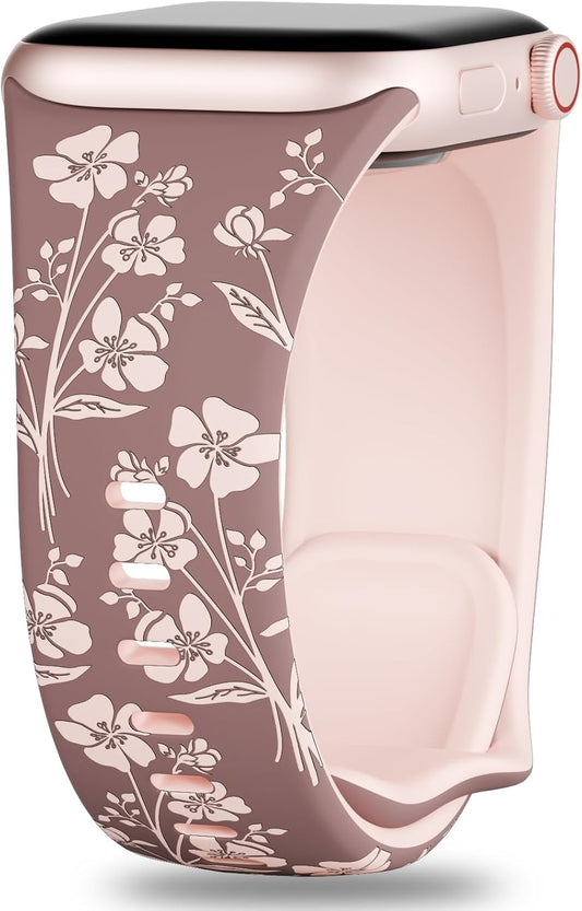 Floral Engraved Silicone Bands Compatible with Apple Watch Band 38Mm 40Mm 41Mm 42Mm 44Mm 45Mm 49Mm for Women, Two-Tone Flower Sport Soft Strap for Iwatch Series 9/Ultra/8/7/Se/6/5/4/3/2/1