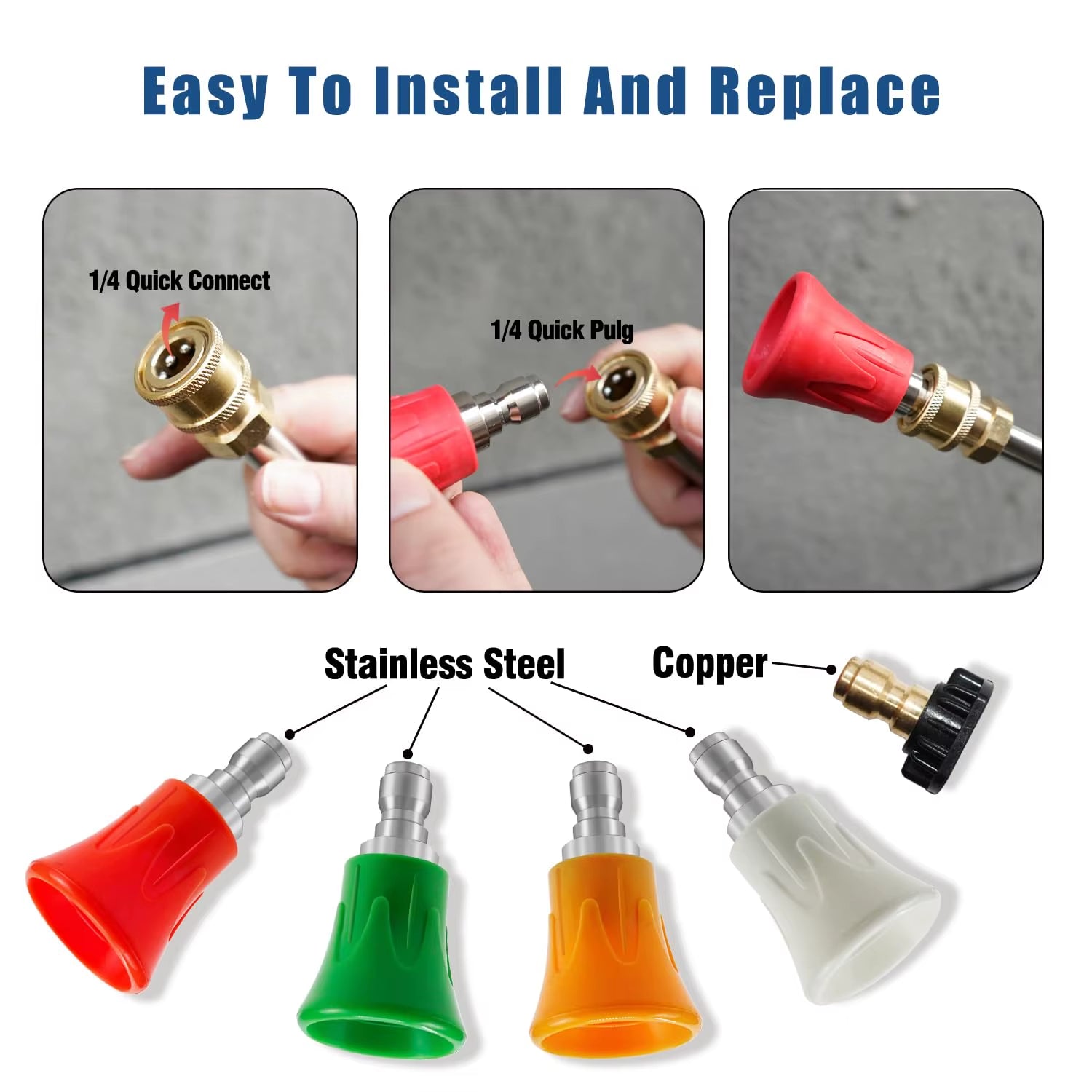 Pressure Washer Water Gun Nozzle Guard Power Washer Nozzle Tips Splash Proof Stainless Steel Nozzle 1/4" Quick Connect