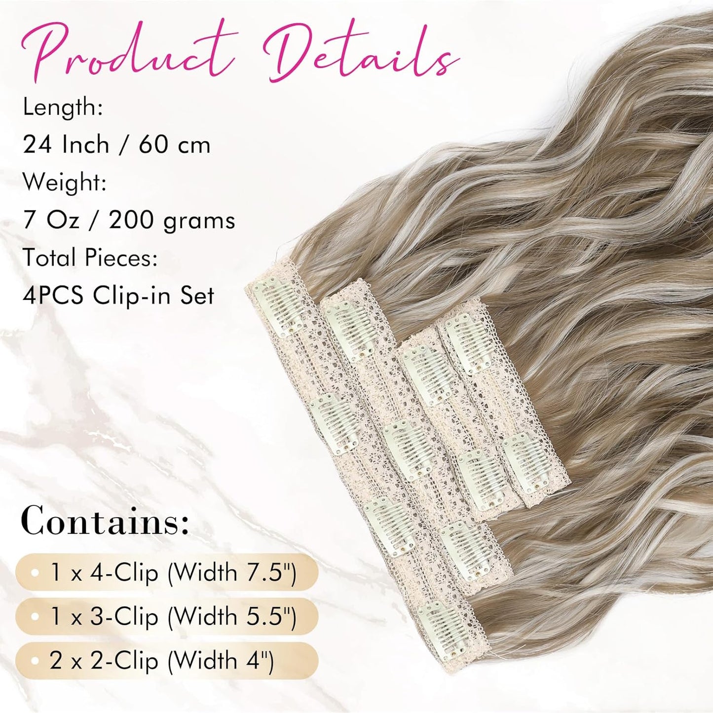 Clip in Hair Extensions, 4PCS 24" Thick Long Beach Waves Hair Extensions HE003 Invisible Lace Weft Natural Soft Hairpieces for Women – Ash Brown with Platinum Highlights
