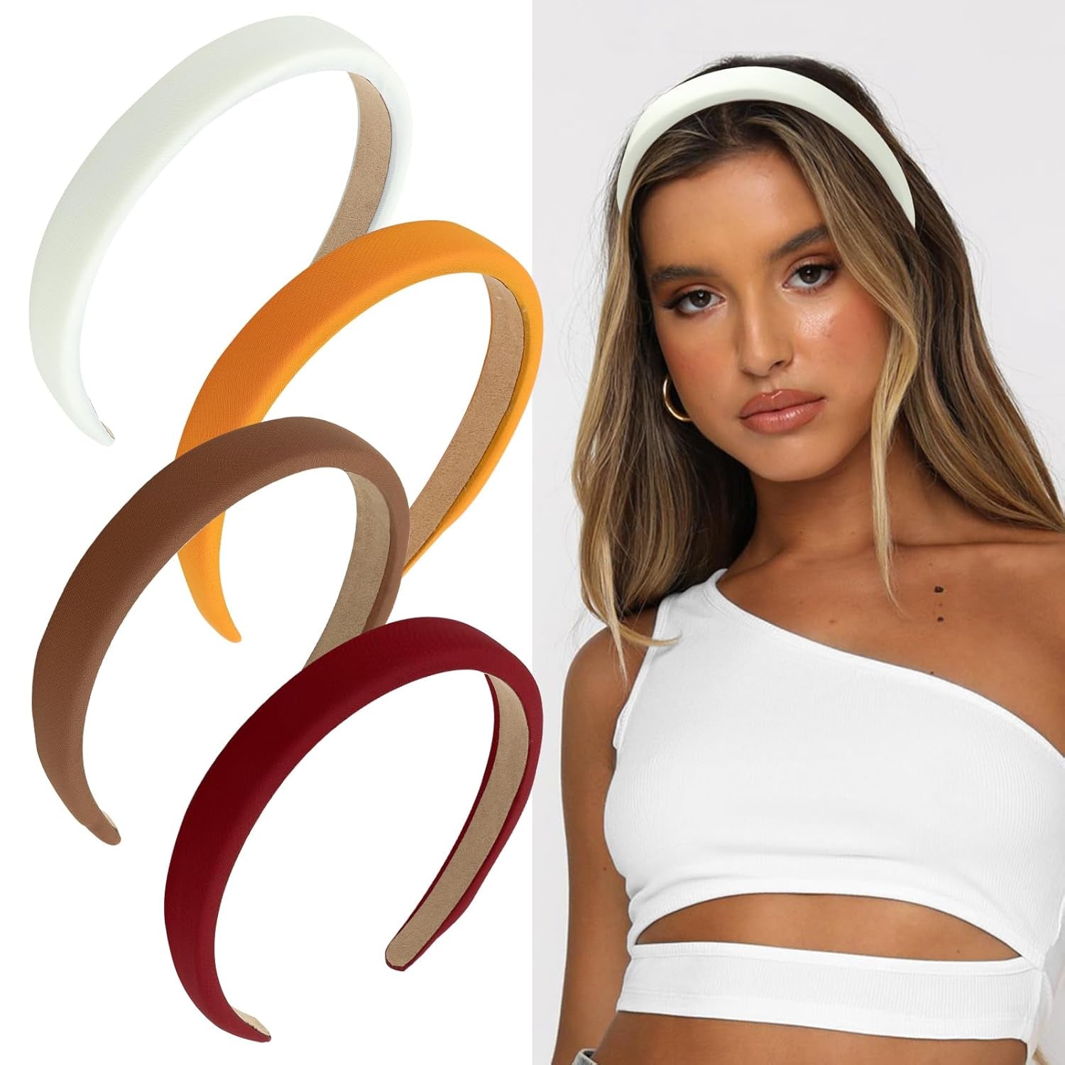 Headbands for Women, 4Pcs Padded Headbands Non Slip Soft Thick Comfortable Headbands Cute Brown Black Pink White Fall Headband Aesthetic Y2K Halloween Costume Hair Accessories for Women Girls