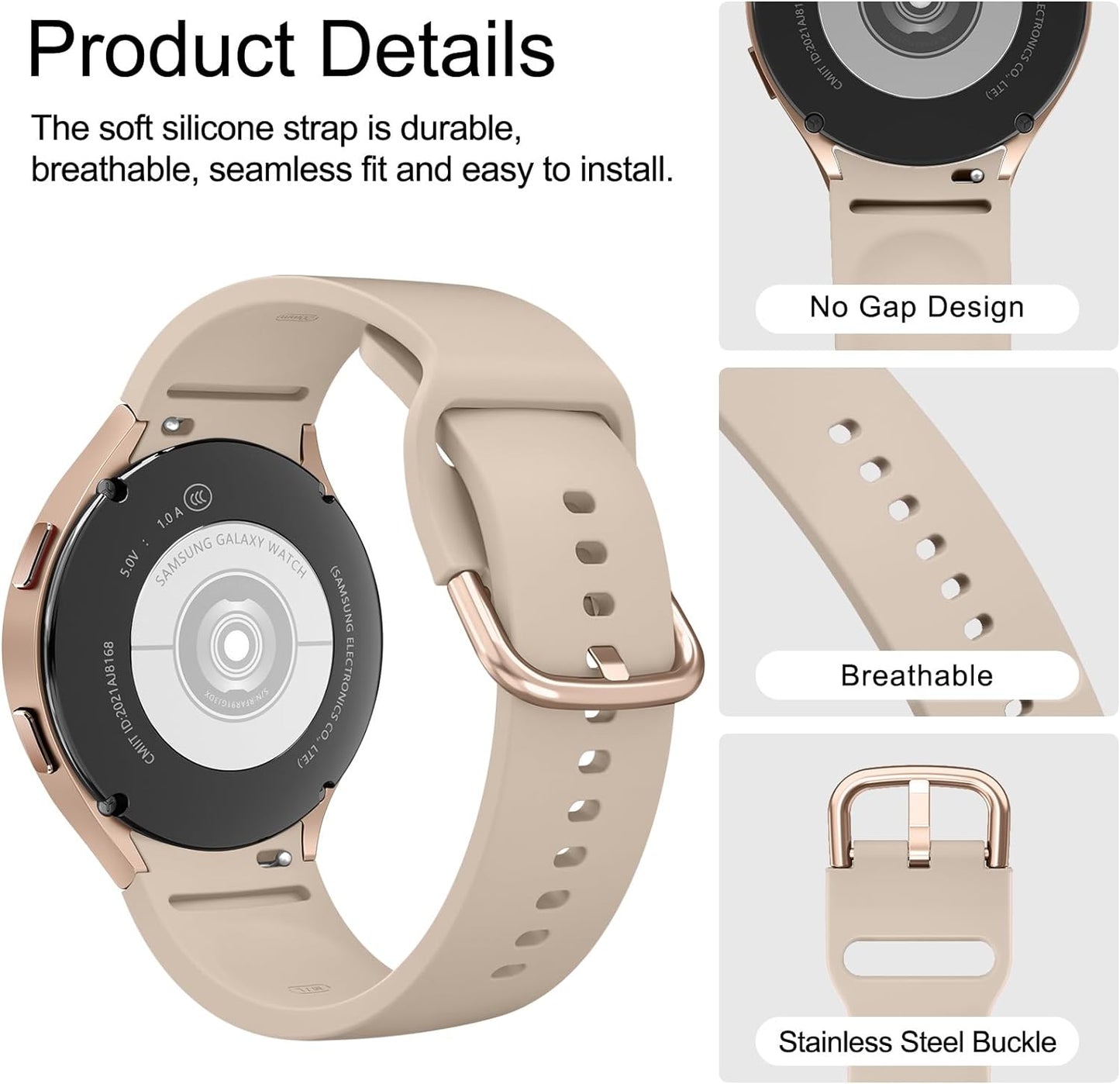 No Gap Bands Only Compatible with Samsung Galaxy Watch 7 FE 6 5 4 Band 40Mm 44M/Watch 6 Classic Band 43Mm 47Mm/Watch 4 Classic Band 42Mm 46Mm/Galaxy Watch 5 Pro Band 45Mm, 20Mm Soft Silicone Sport Bands for Women & Men