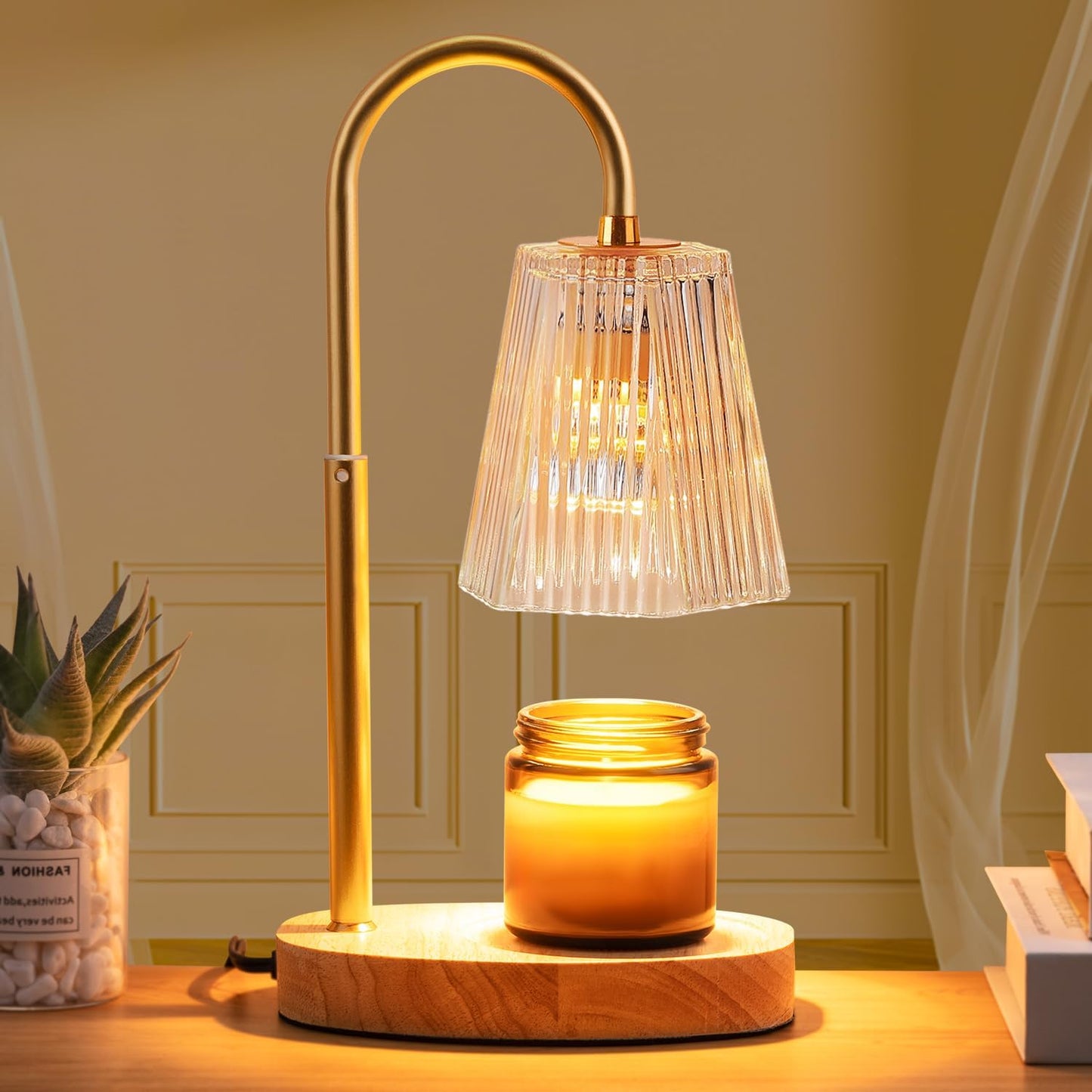 Candle Warmer Lamp - Dimmable Wax Melt Warmer with Amber Lampshade and 2 Bulbs for House Warming, Bedroom Decor