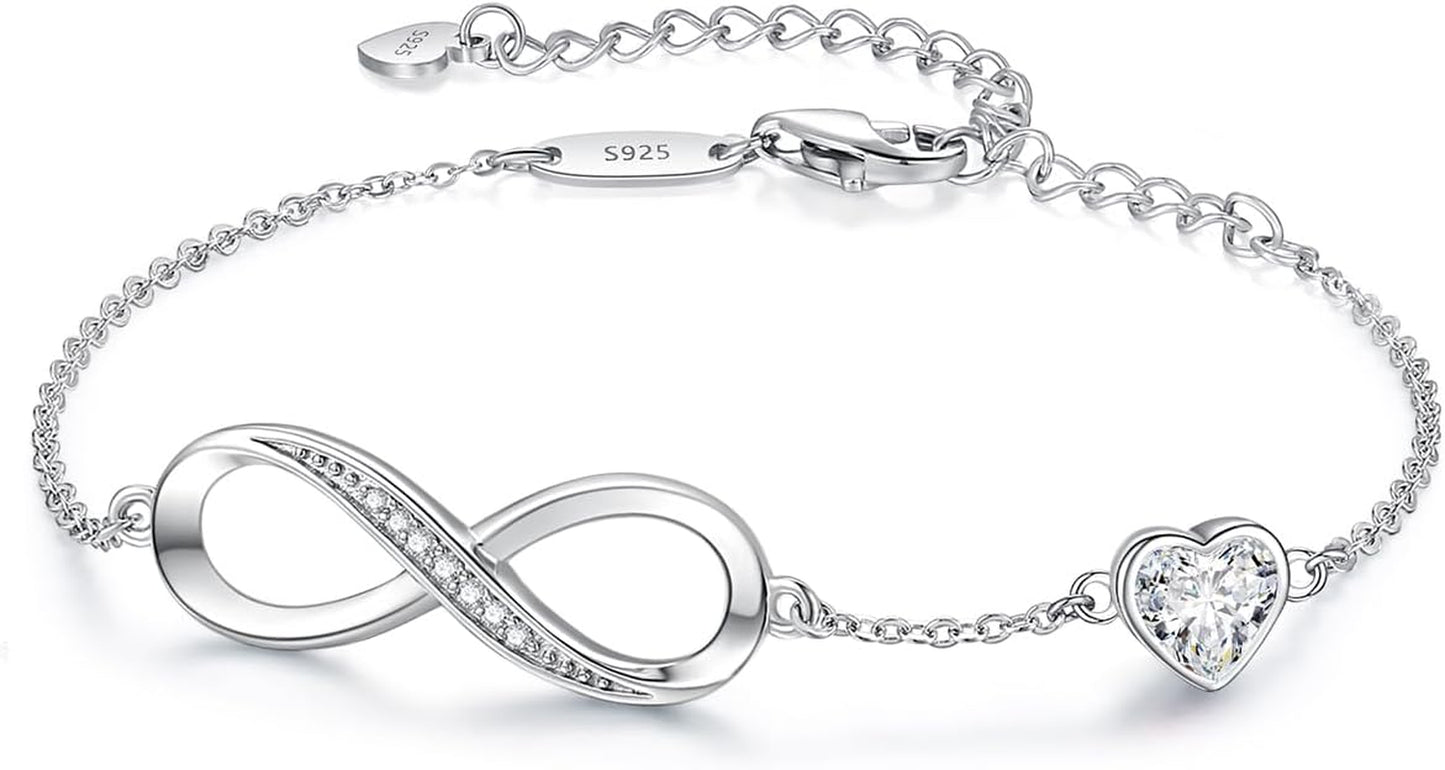Infinity Heart Birthstone Charm Link Bracelet for Women 925 Sterling Silver Adjustable Valentines Mother'S Day Gift Anniversary Jewelry Birthday Gifts for Women Wife Girlfriend Her
