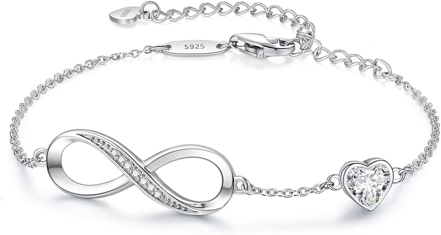 Infinity Heart Birthstone Charm Link Bracelet for Women 925 Sterling Silver Adjustable Valentines Mother'S Day Gift Anniversary Jewelry Birthday Gifts for Women Wife Girlfriend Her
