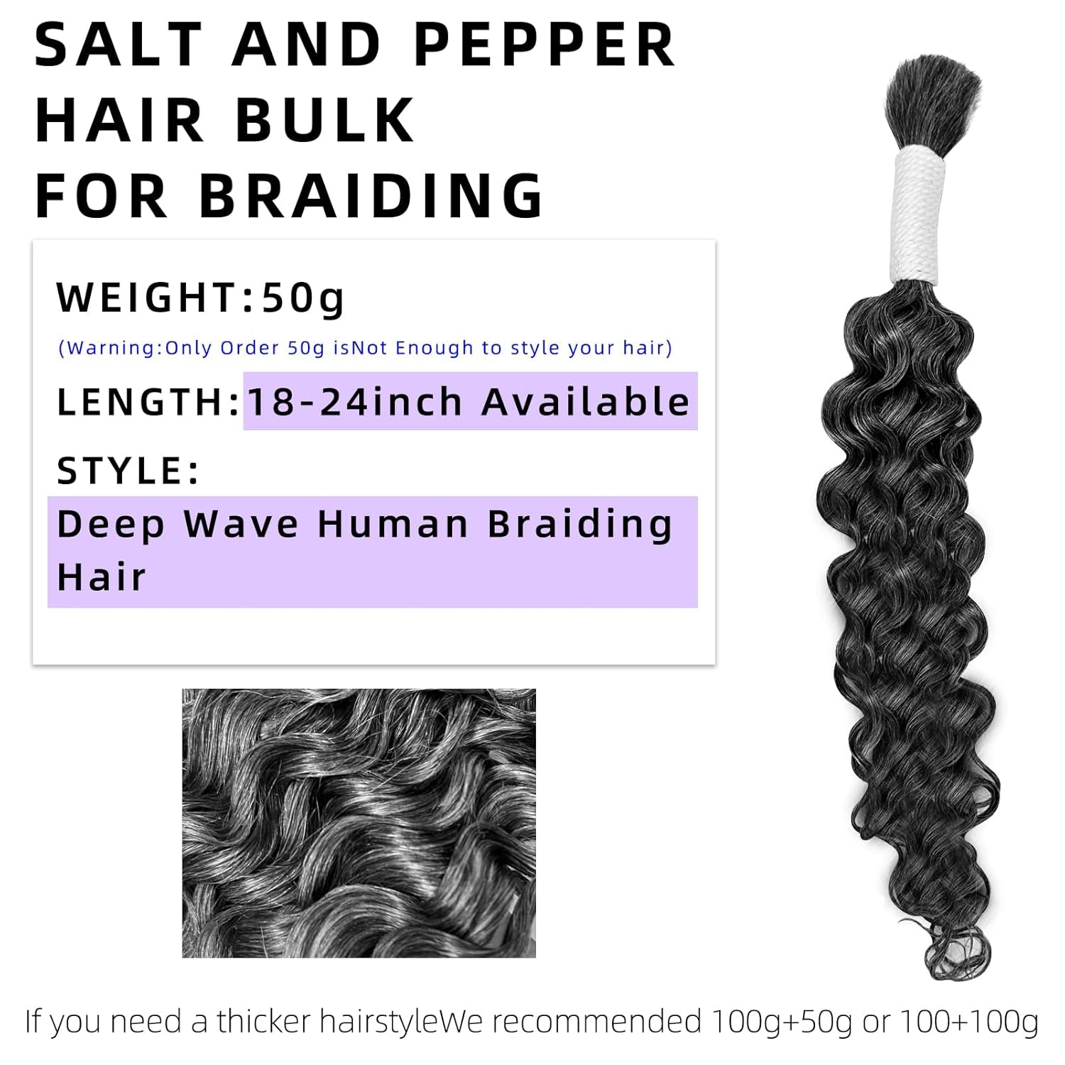 Langer Gray Human Braiding Hair Deep Wave Bulk Human Hair for Braiding No Weft Bundle 150G 3 Bundles/Pack 16A Brazilian Virgin Water Curly Human Hair Extensions for Boho Braids 18 Inch Salt and Pepper