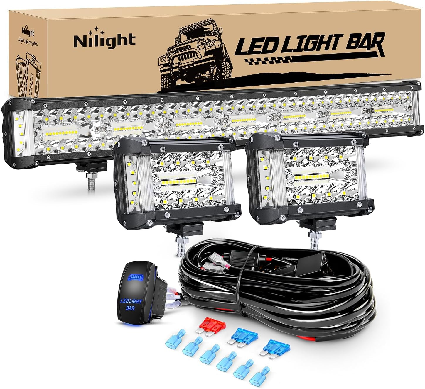 20Inch 420W Triple Row Spot Flood Combo Led Light Bar Work Driving Lamp 2Pcs 4Inch 60W Cube LED Pods Lights for Trucks with Off-Road Wiring Harness Kit-3 Leads
