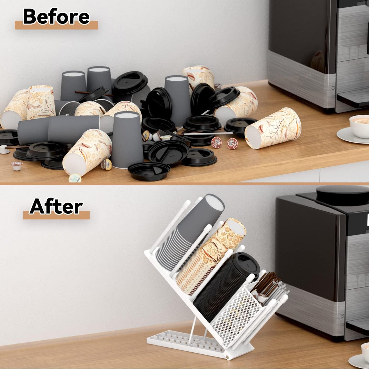 Cup and Lid Holder - Adjustable Coffee Cup Holder Organizer 4 Compartment Disposable Cup Dispenser with Mesh Basket for Coffee Pod Straw Storage Metal (White)